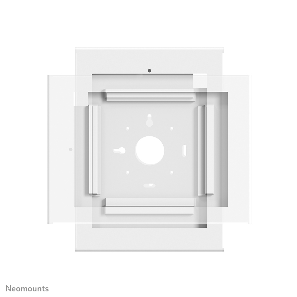 Support mural blanc avec plaque de protection transparente et trous.