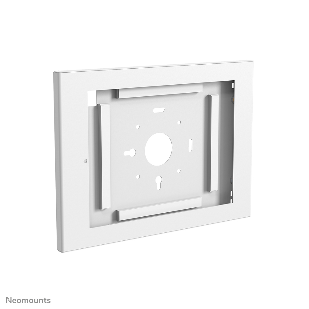 Un cadre de fixation murale blanc avec trou central et points de montage.