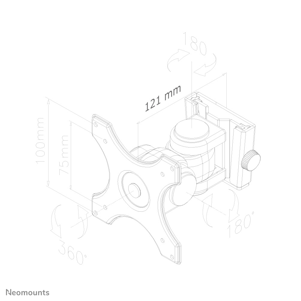 Een gedetailleerde technische tekening van een monitorbeugel met afmetingen.