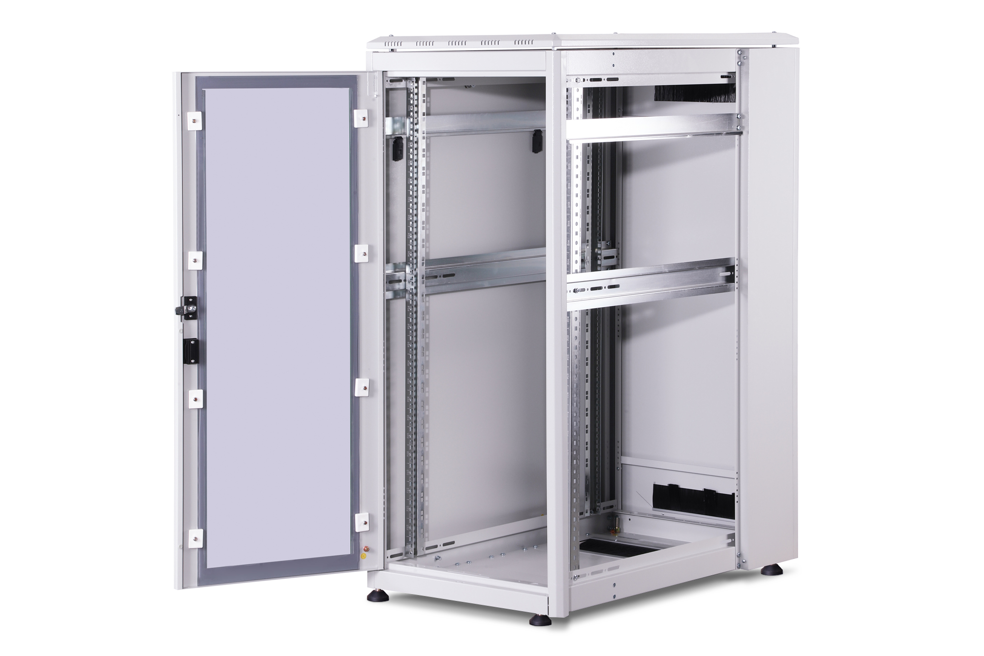 Un rack server aperto e leggero con più livelli e guide.