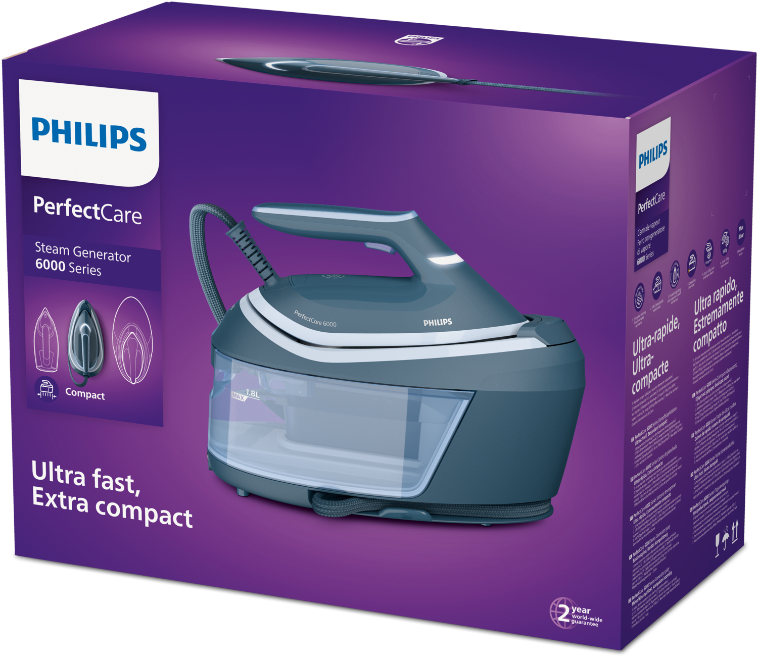 Caja de una plancha Philips PerfectCare 6000 con generador de vapor.