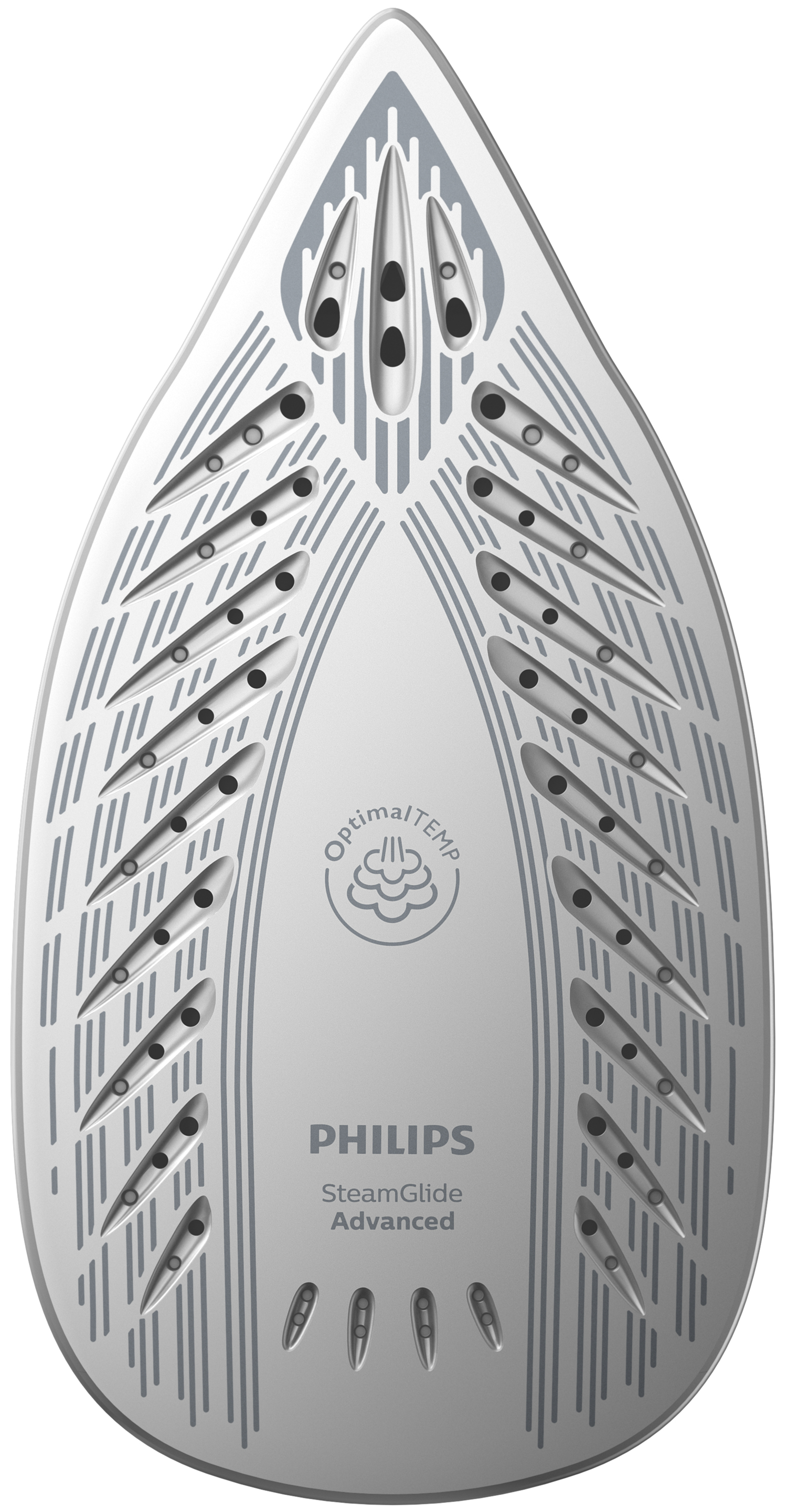 Una suela de plancha blanca con líneas grises y orificios de vapor. Philips SteamGlide Advanced.
