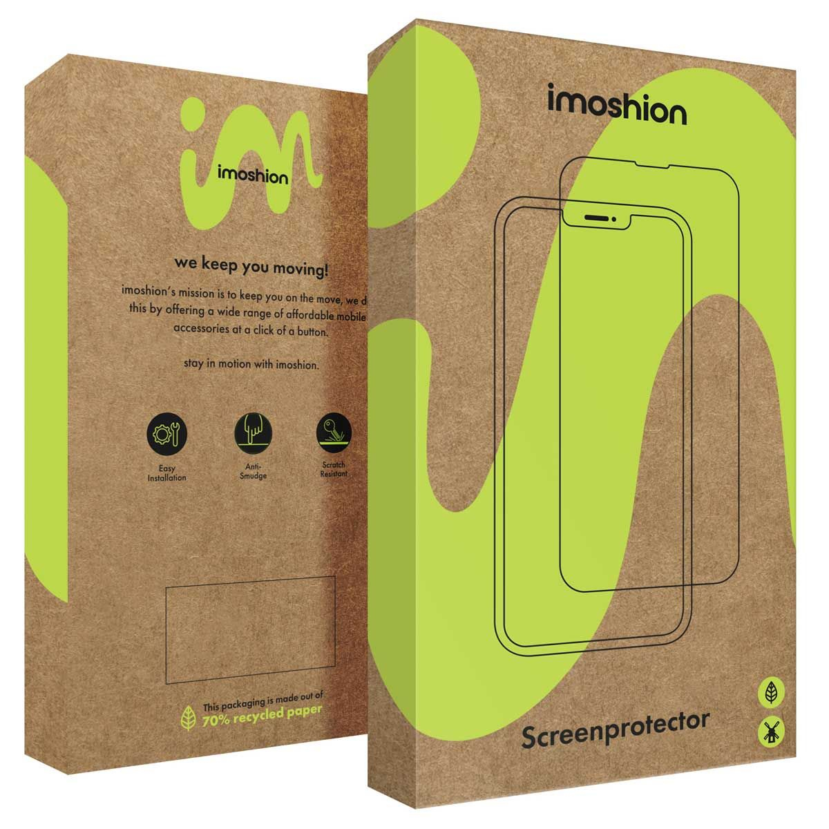 Imoshion screenprotector verpakking met groene accenten en tekst.