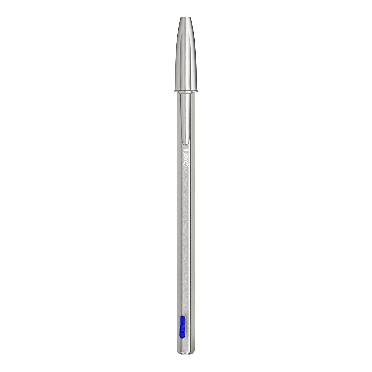 Una penna BIC argento con accento blu, isolata su sfondo bianco.