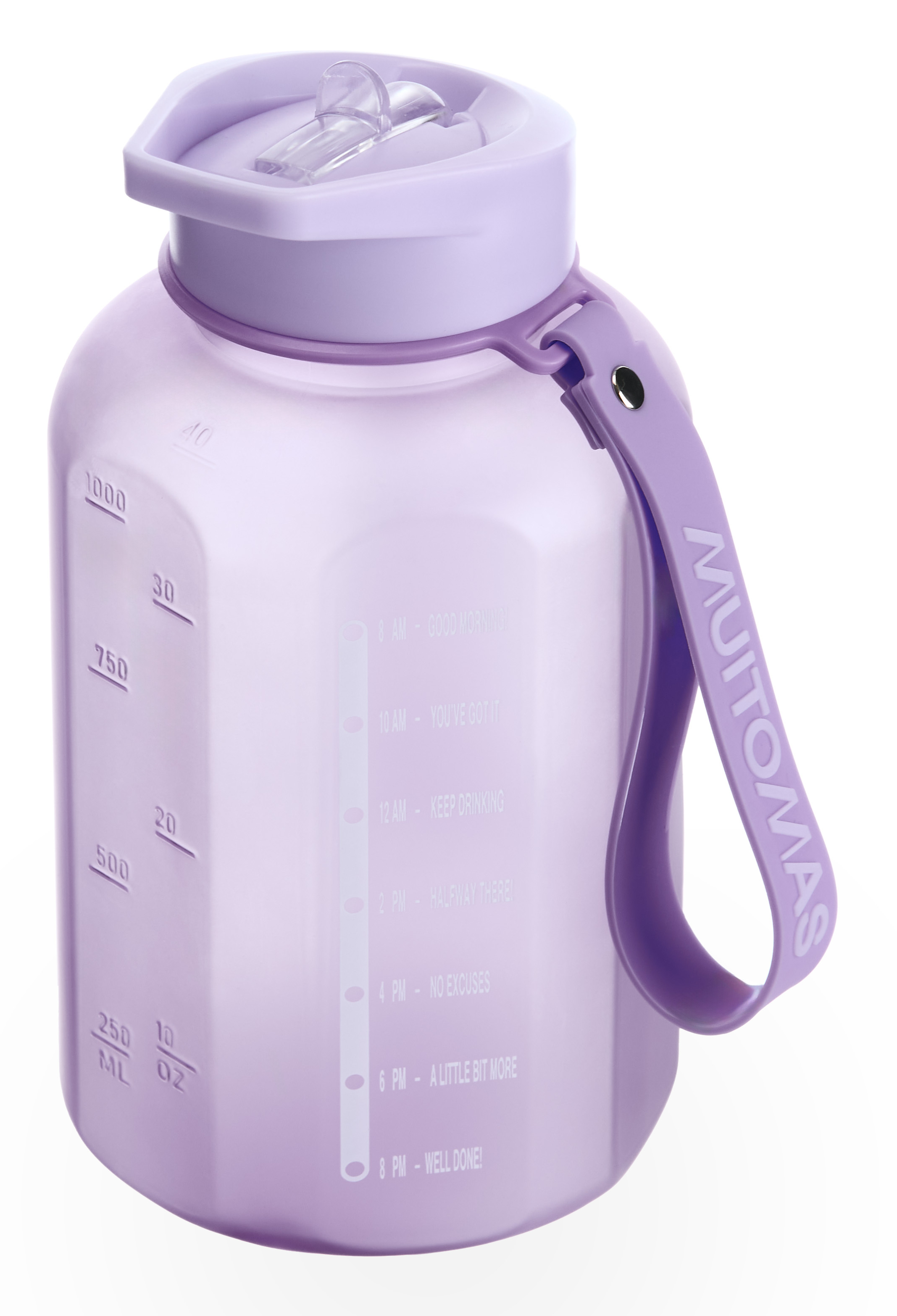 Una borraccia traslucida, lavanda, con indicatori di tempo e manico.