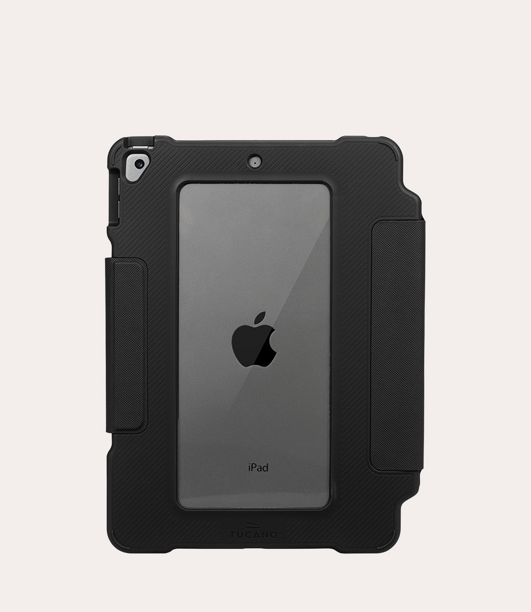 Custodia nera per iPad con finestra trasparente che mostra il logo Apple.