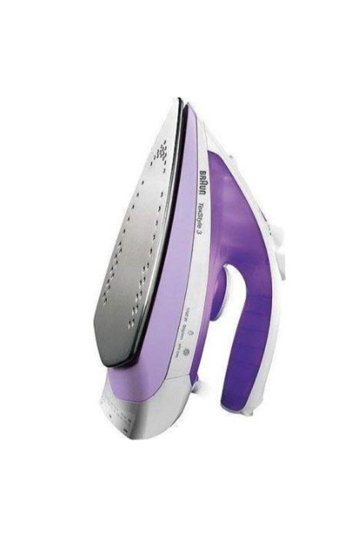 Un ferro da stiro Braun viola e bianco con piastra argentata su sfondo bianco.