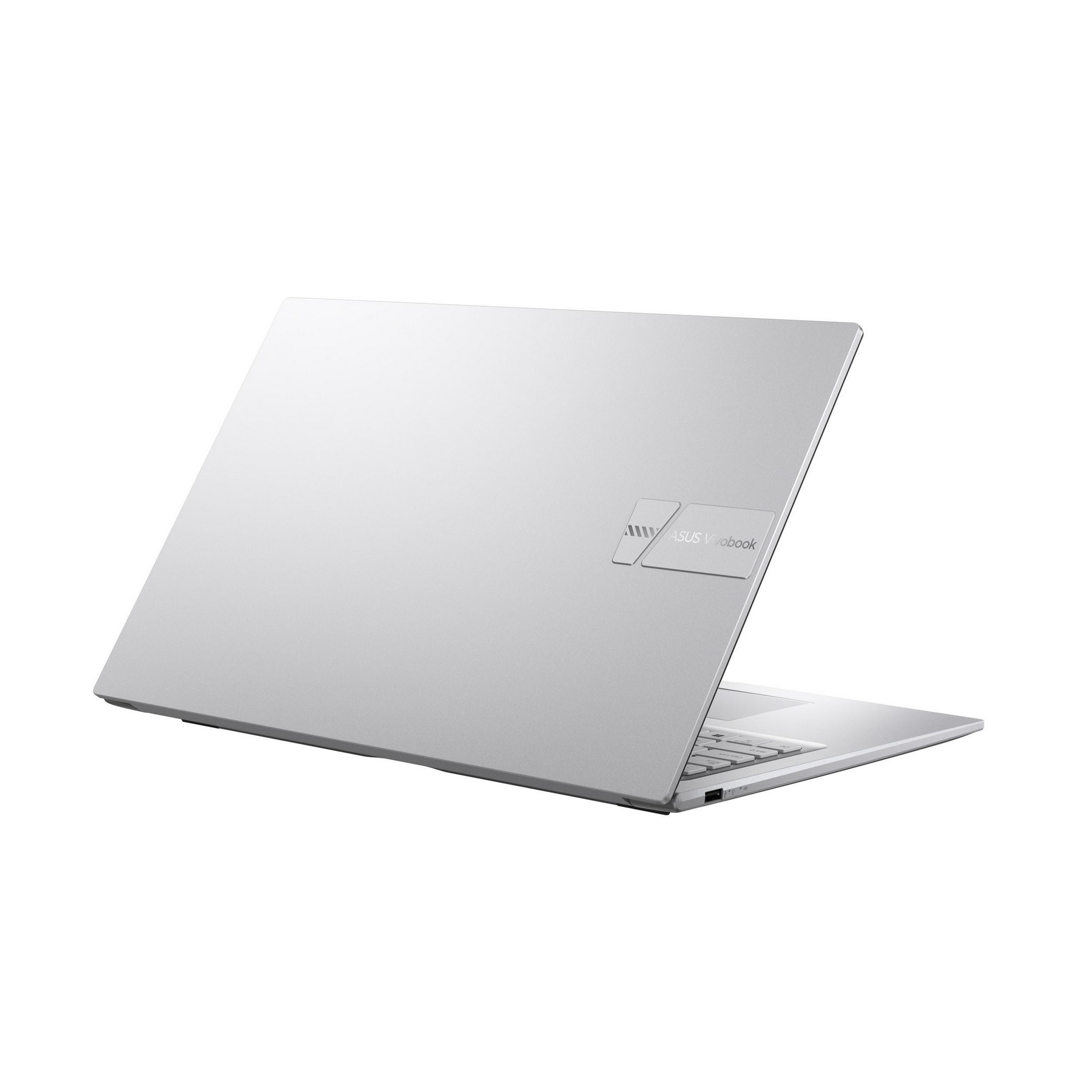 Laptop ASUS Vivobook argentato, visto di lato. Sfondo bianco.