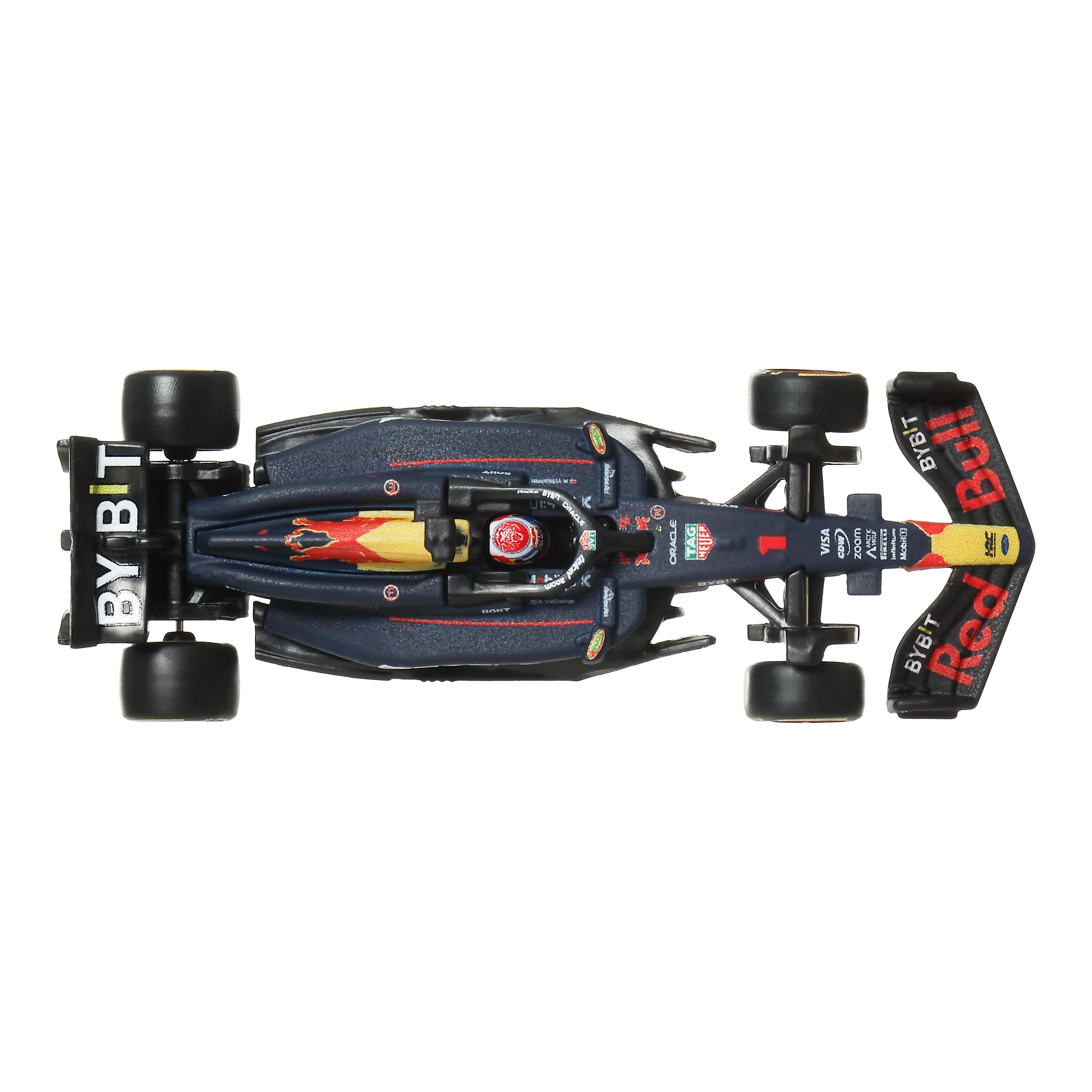 Coche F1 azul oscuro con logo de toro rojo, pilotos y logos de patrocinadores.