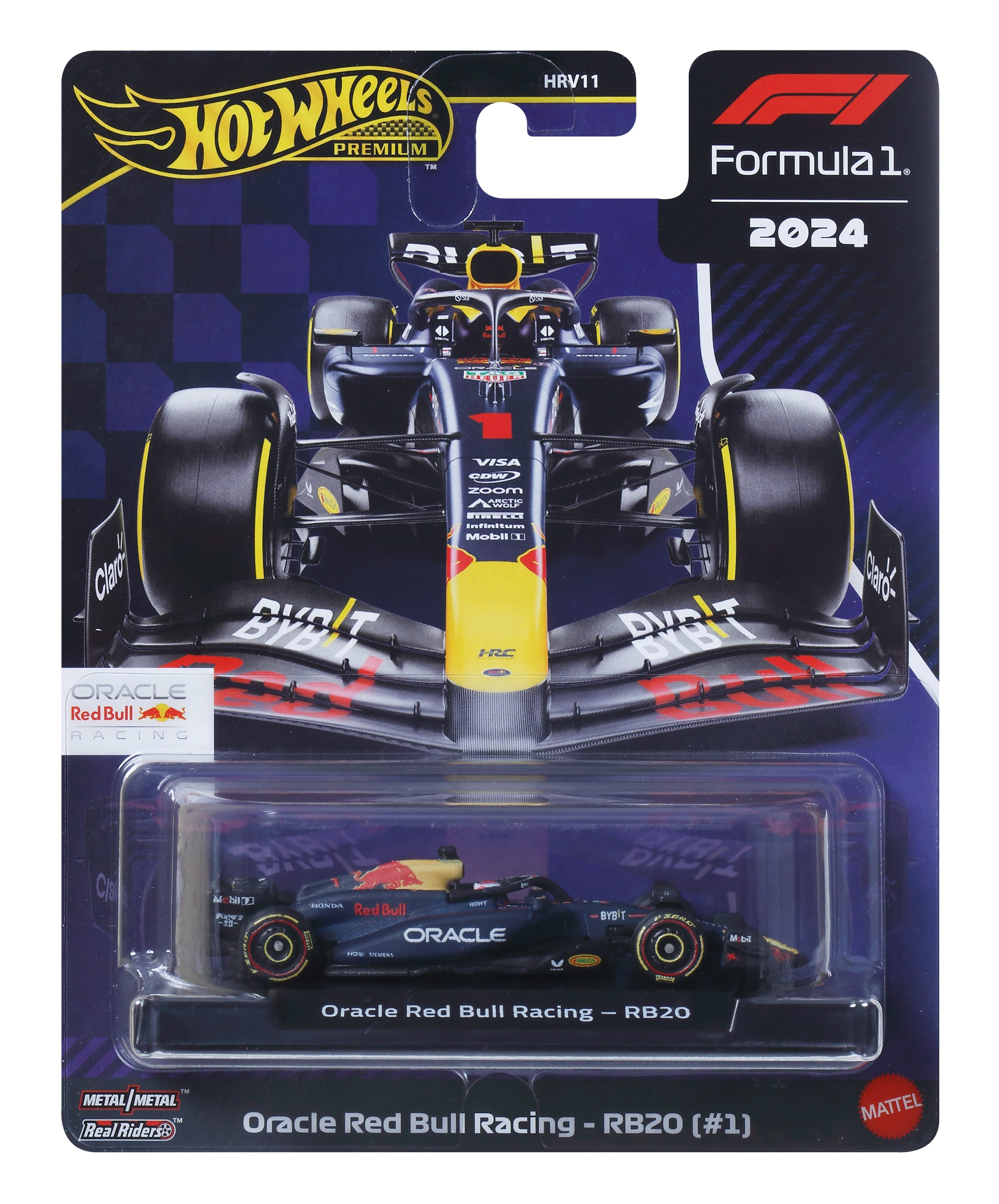Coche de juguete Hot Wheels Fórmula 1 Oracle Red Bull Racing RB20 en embalaje.