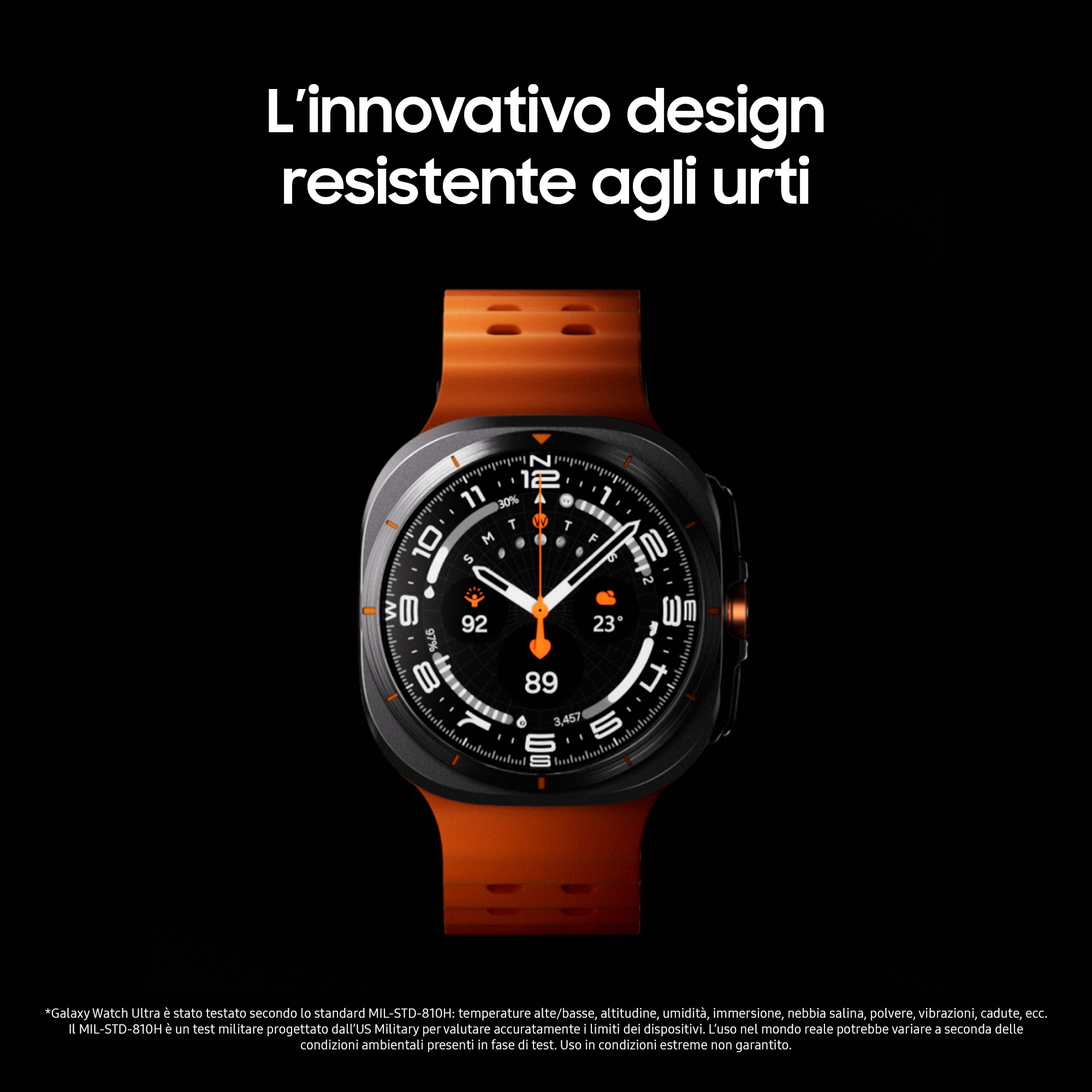 Un smartwatch arancione con quadrante nero e cassa argentata.