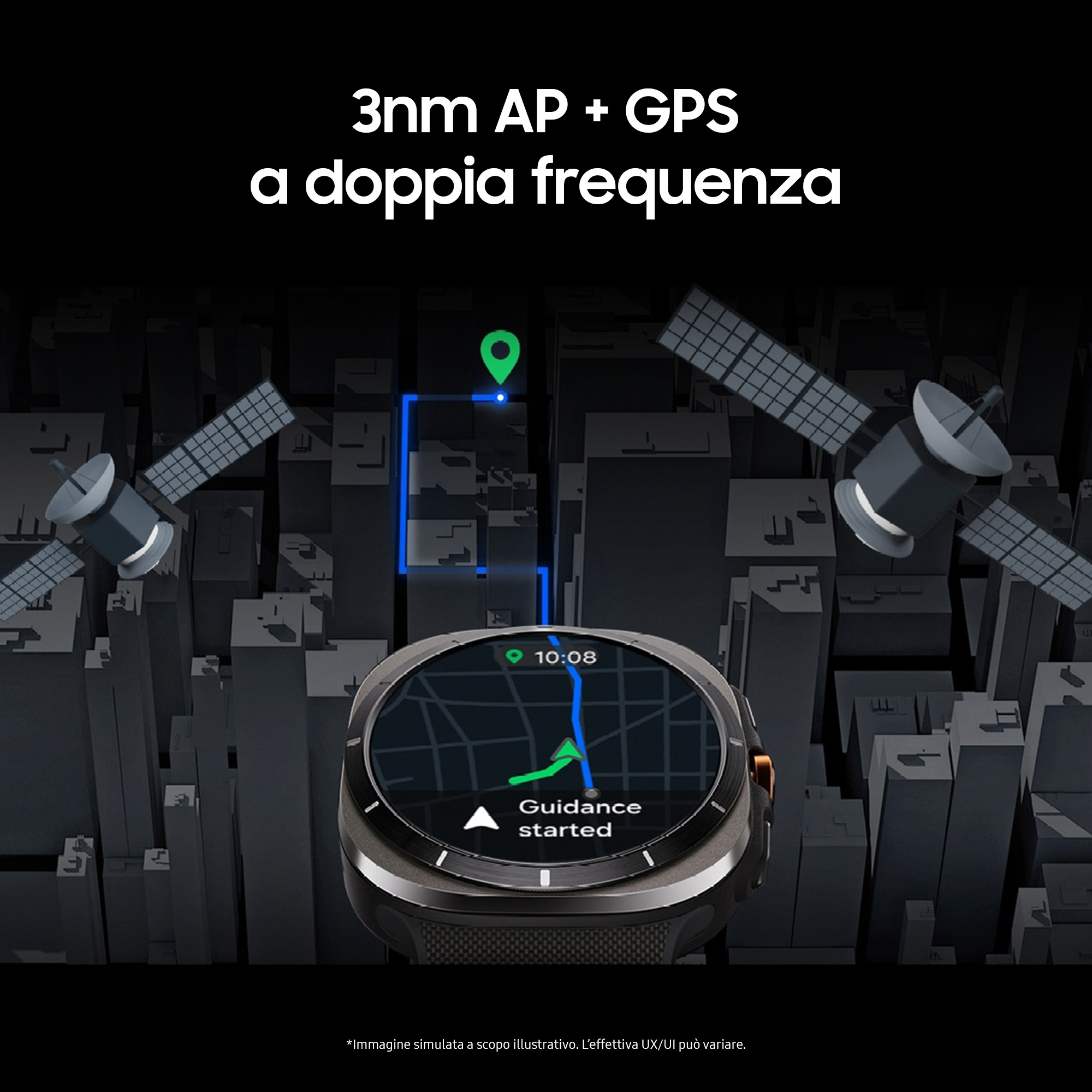 Smartwatch con satelliti e skyline cittadino, mostra un percorso di navigazione.