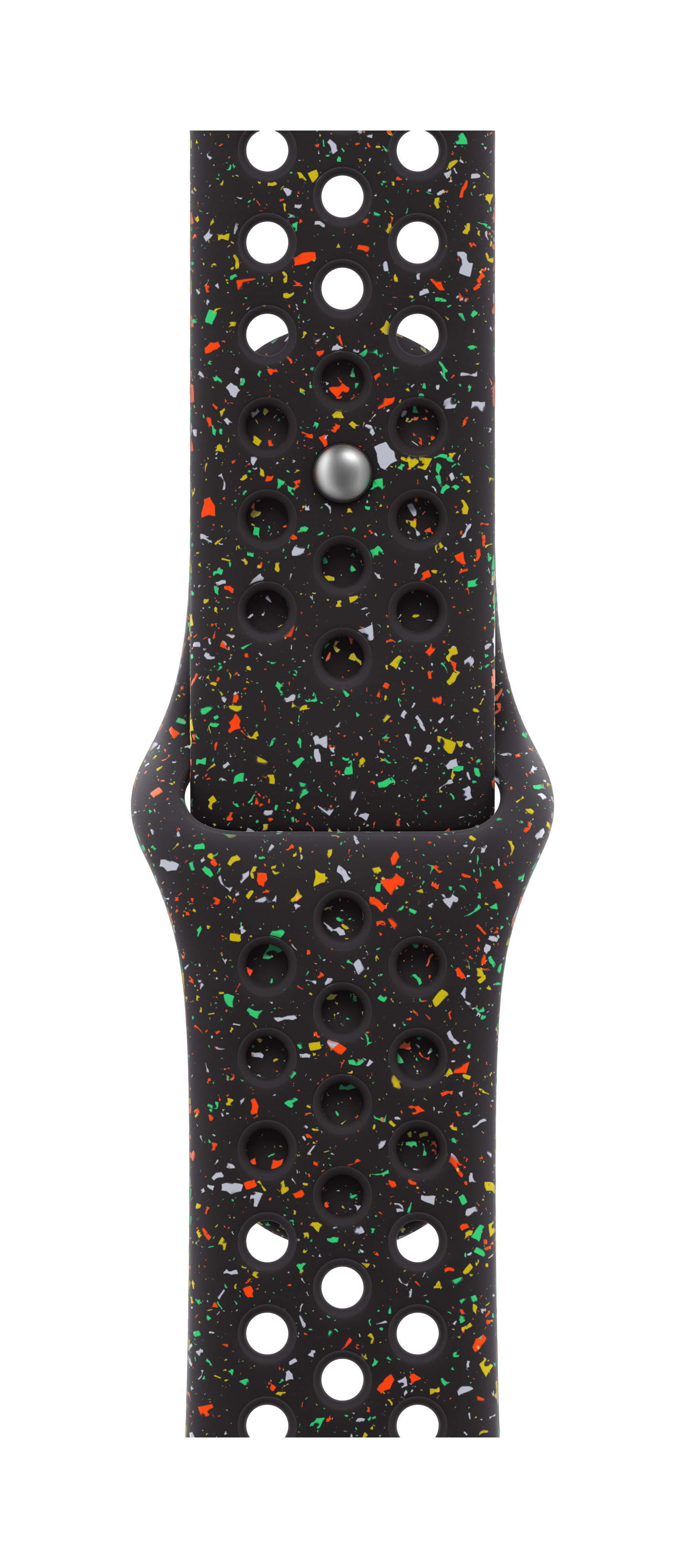 Czarny pasek do zegarka z kolorowymi plamkami i perforacjami.