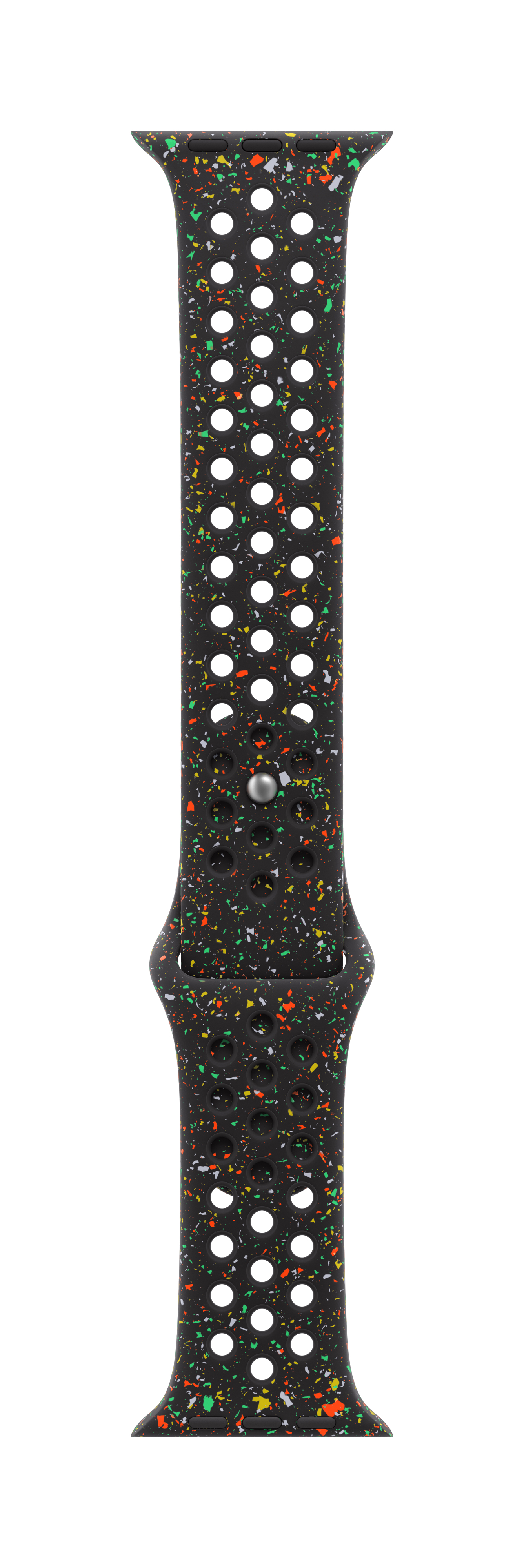 Czarny pasek do zegarka z kolorowymi plamkami i wzorem dziurek.