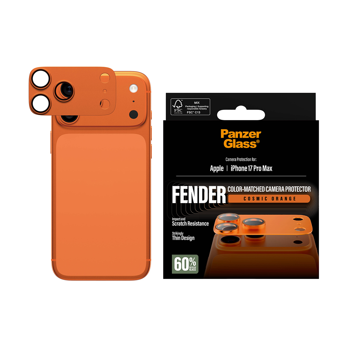 Sergilenen Panzer Glass kamera koruyucu ambalajlı turuncu iPhone