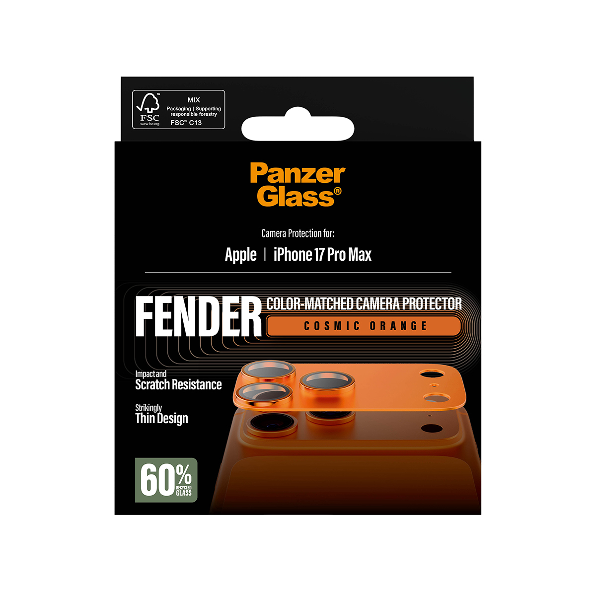 iPhone 17 Pro Max için Panzer Glass kamera koruyucu, Cosmic Orange.