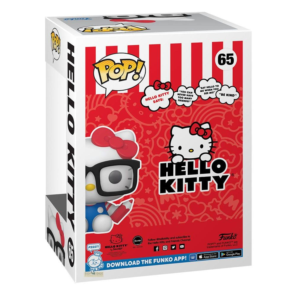 Funko Pop! Karton mit Hello Kitty mit Brille, roter Schleife und blauer Kleidung.