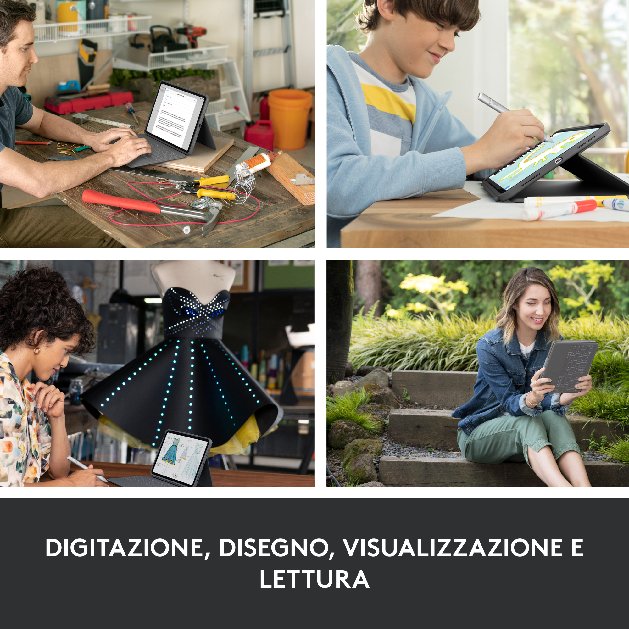 Quattro scene: uomo digita, ragazzo disegna, donna con vestito, donna fuori.