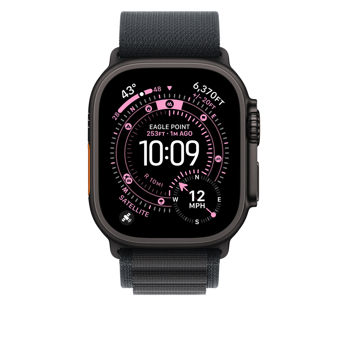 Schwarze Smartwatch zeigt 10:09, 43°, 12 MPH, Höhe 6.370 Fuß, Eagle Point.