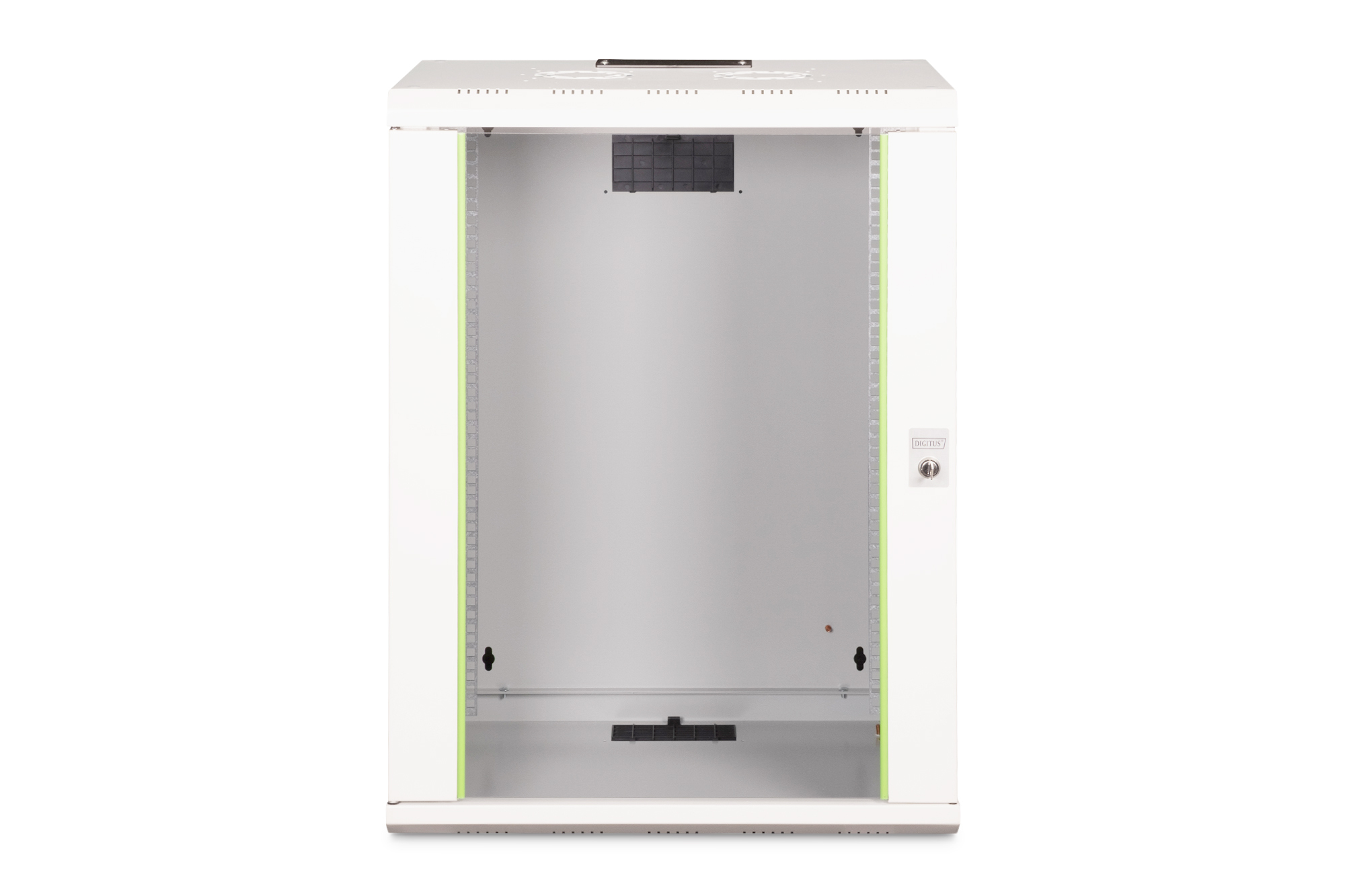 Un rack server bianco con porta aperta, fessure di ventilazione e serratura.