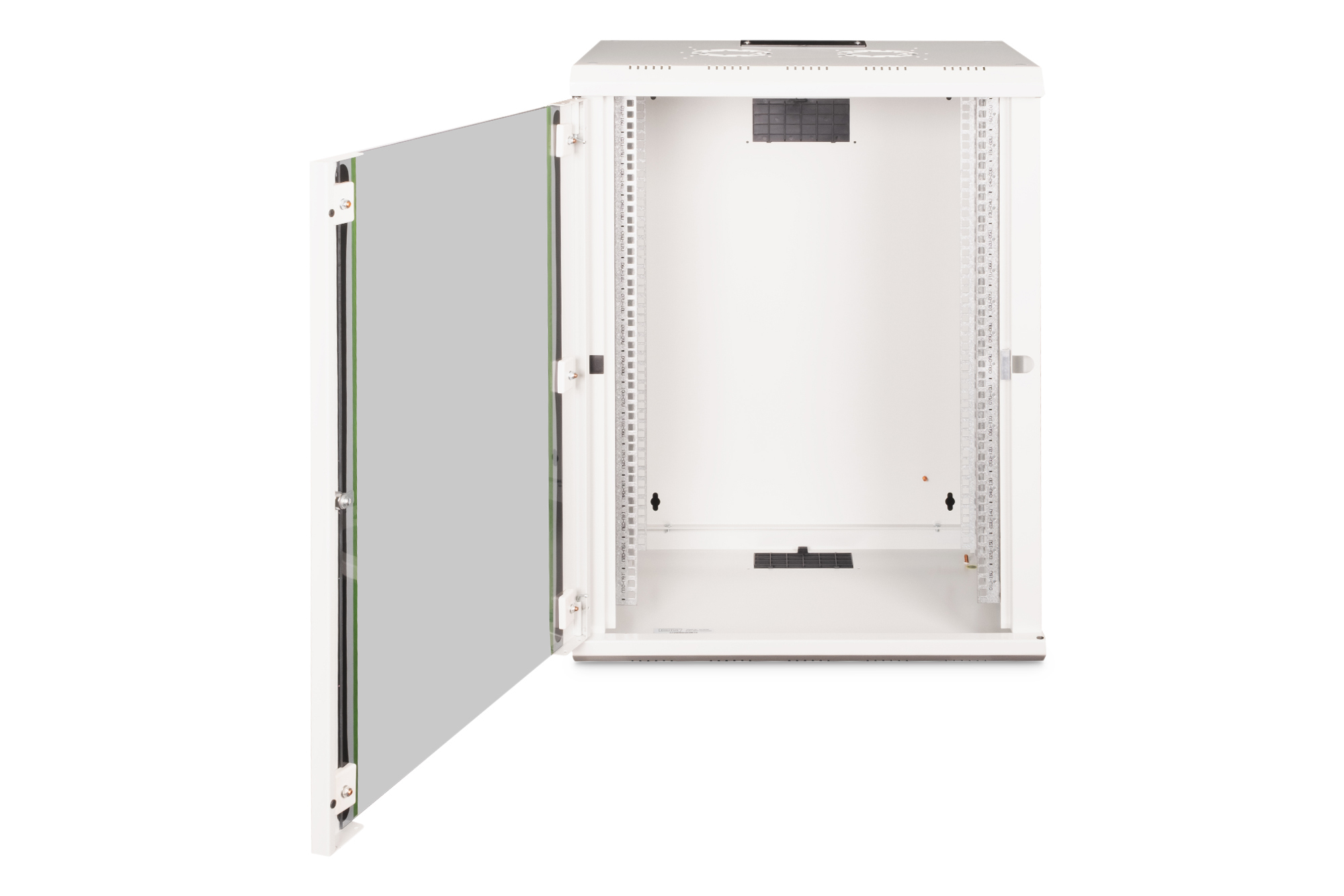 Un rack bianco aperto con porta in vetro, mostra guide e griglia di ventilazione.