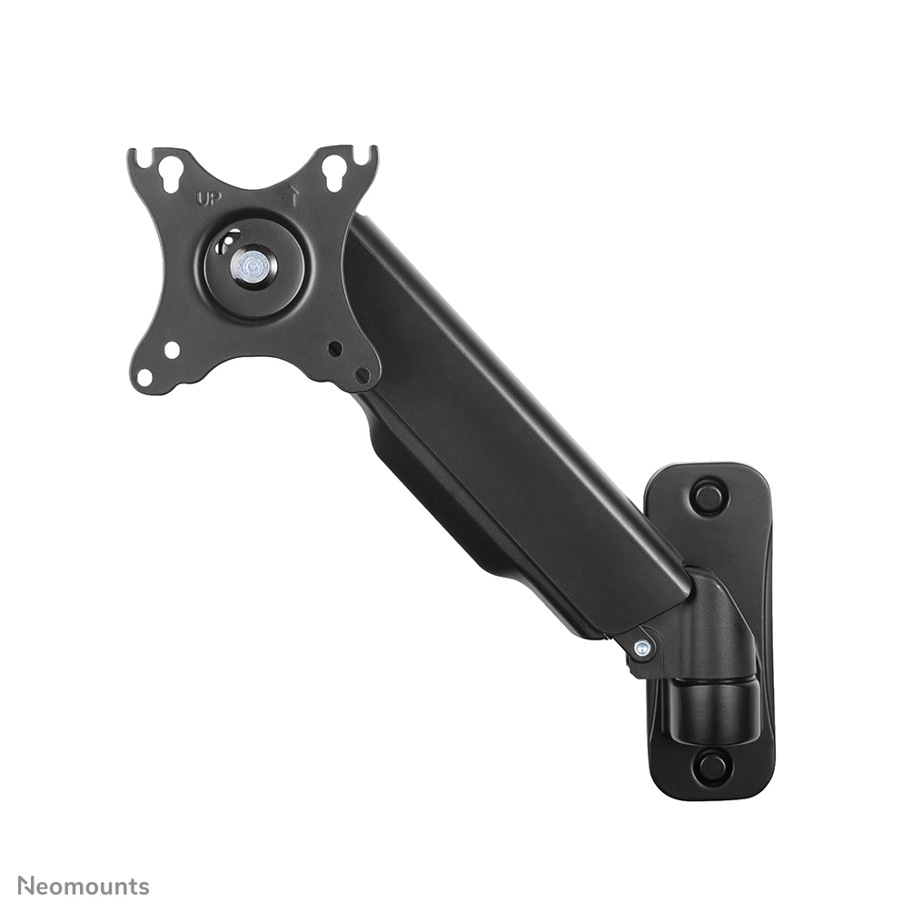 Zwarte metalen monitorarm met muurbevestiging en scharnierende arm.