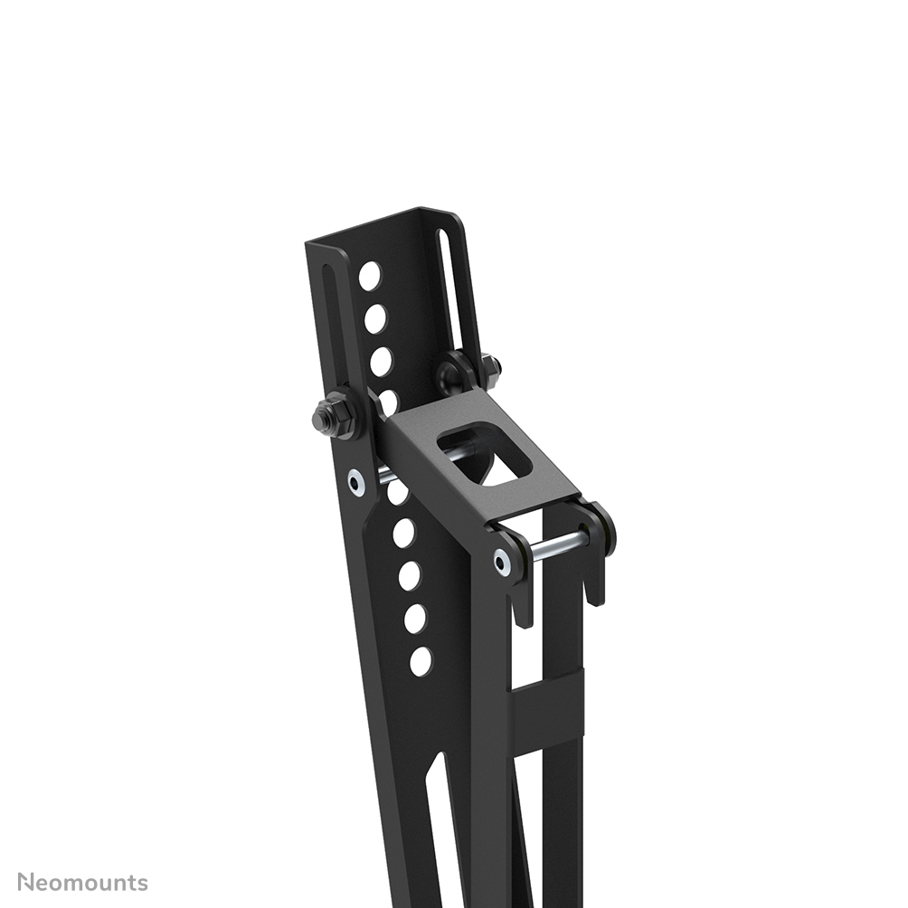 Zwarte metalen beugel met scharnier en bouten, witte achtergrond.
