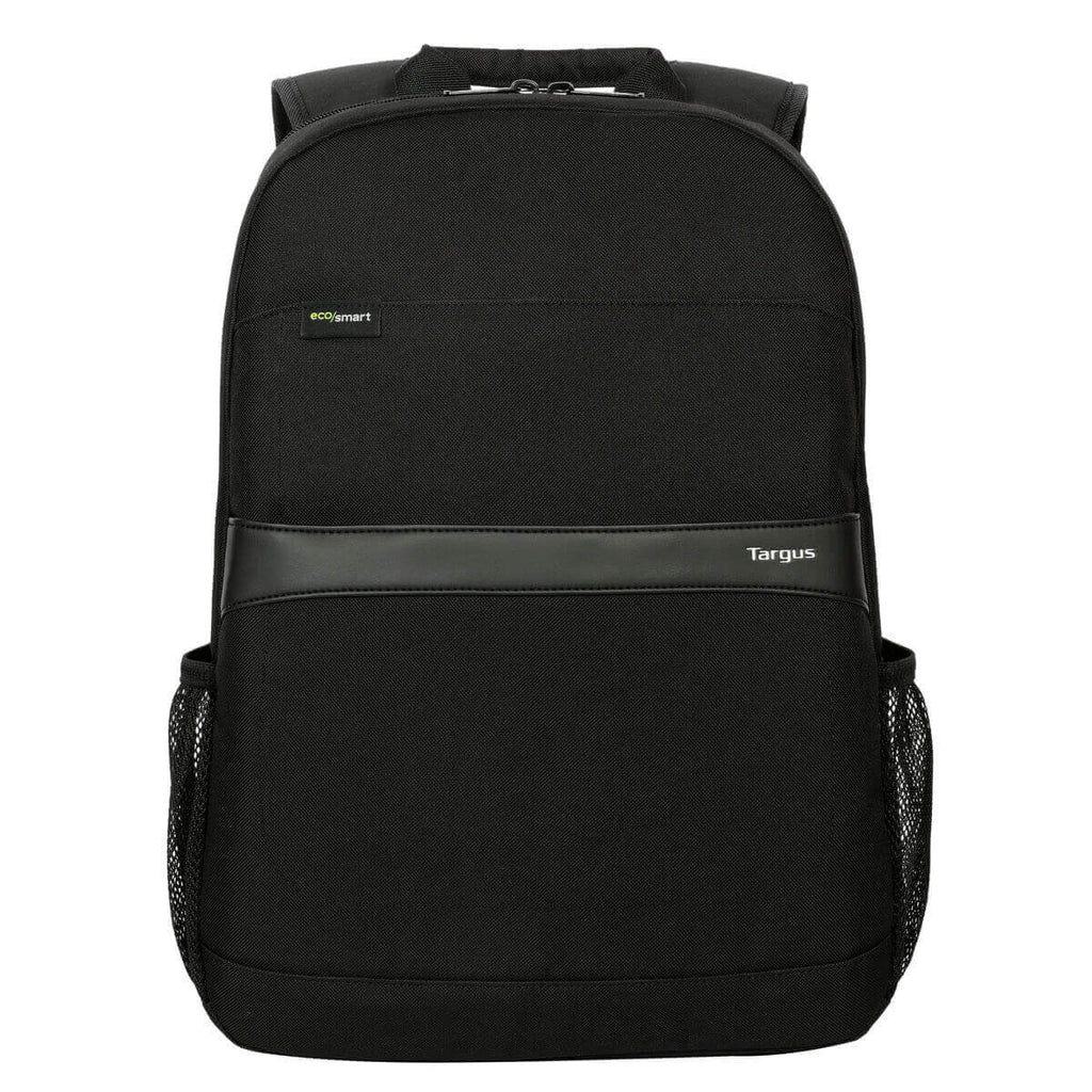 Zaino nero con logo Targus, tasche laterali in rete e eco smart