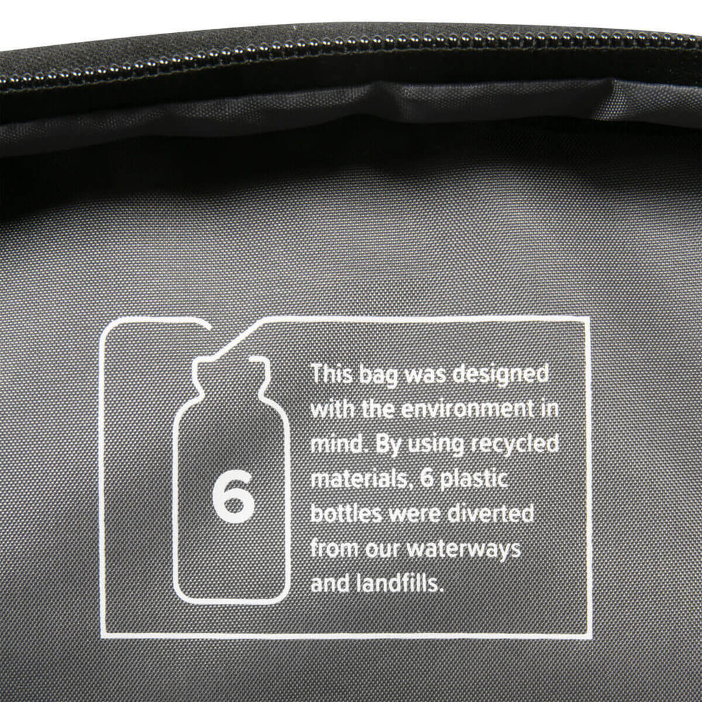Testo sulla borsa: 6 bottiglie di plastica riciclate per l'ambiente.