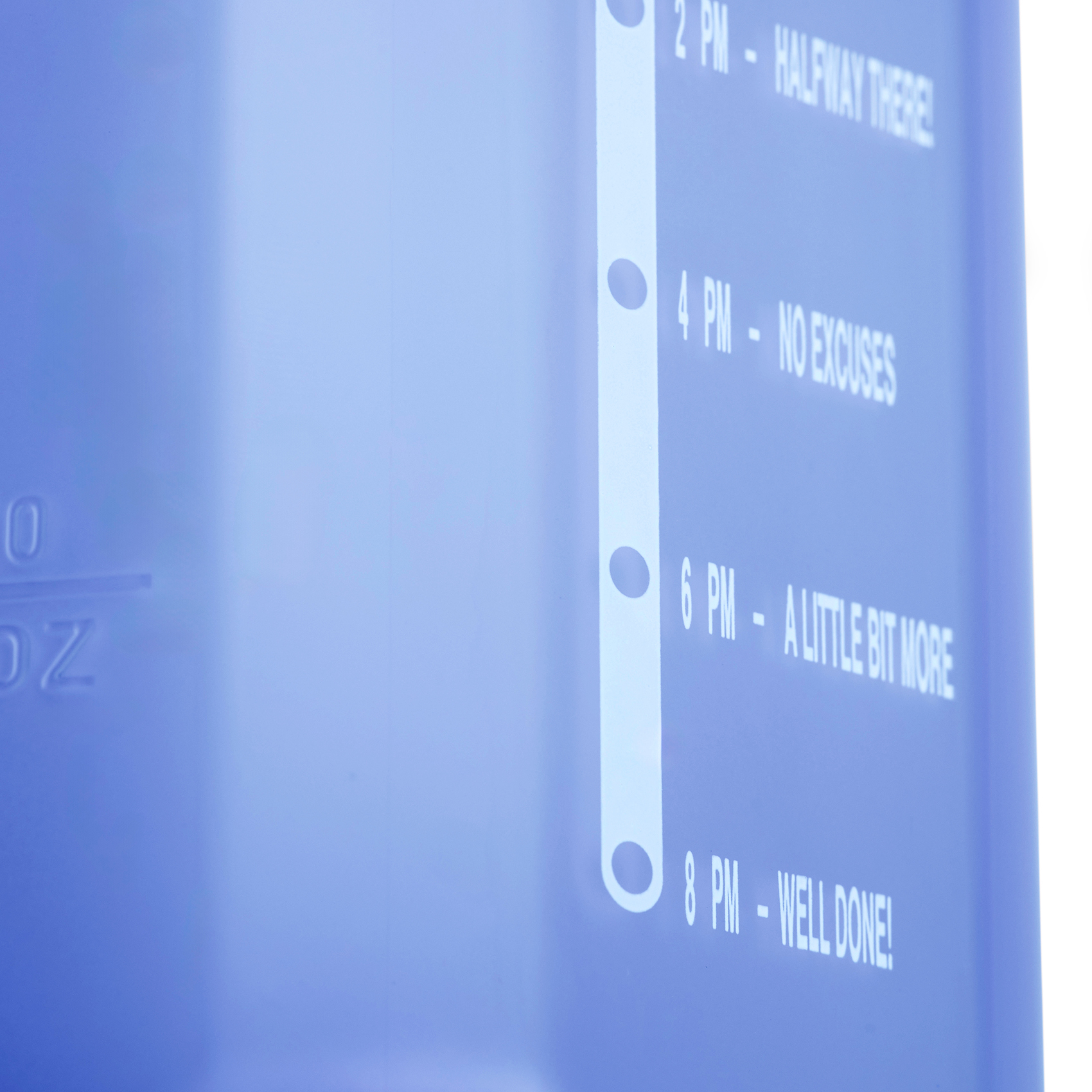 Borraccia blu con indicatori di tempo e citazioni motivazionali.