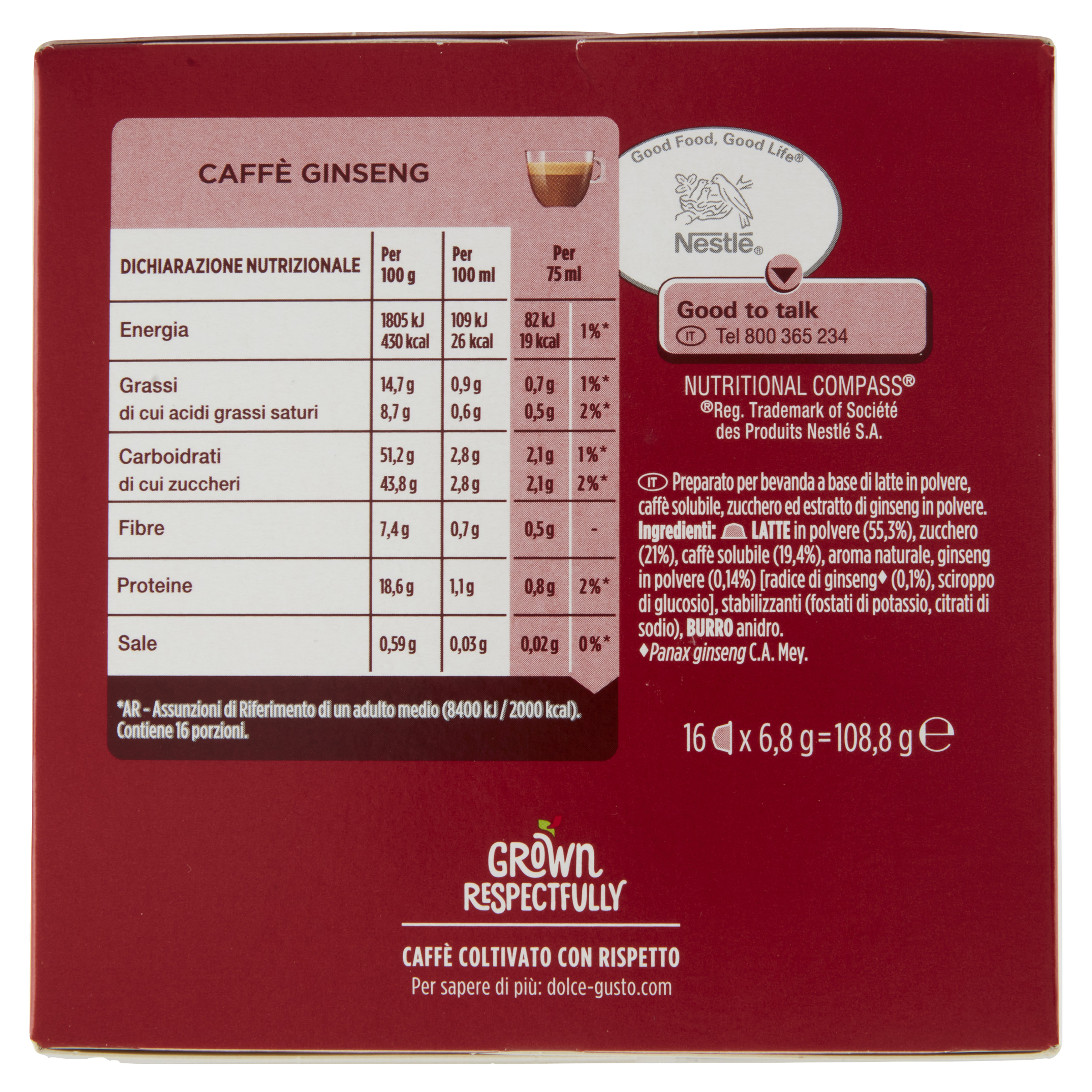 Confezione di caffè al ginseng con informazioni nutrizionali, ingredienti e logo Nestle.