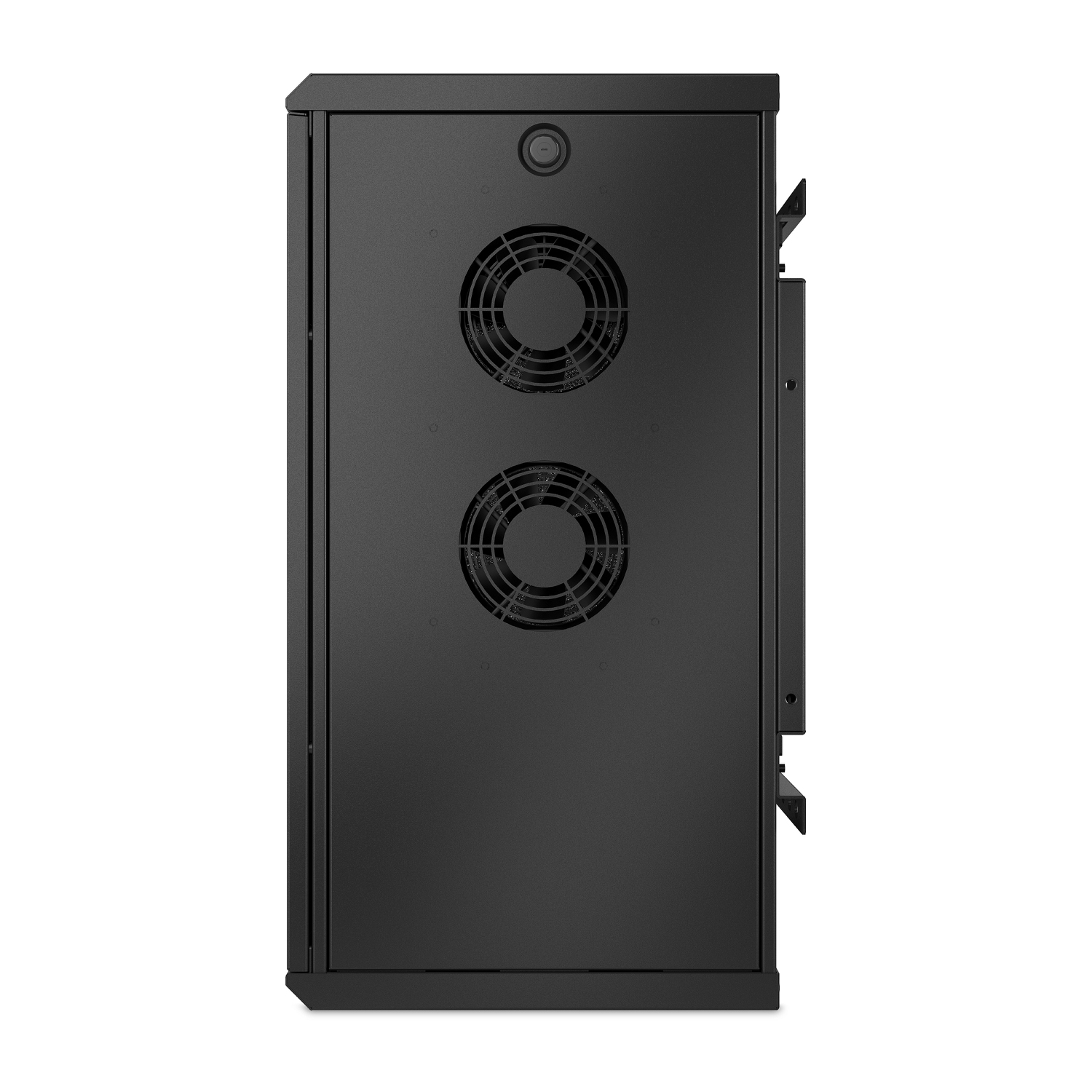 Armadio server nero con due ventole e un pulsante in alto.