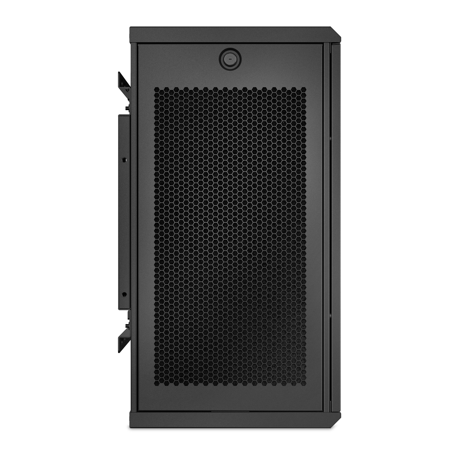 Cassa rettangolare nera con griglia di ventilazione esagonale e pulsante.
