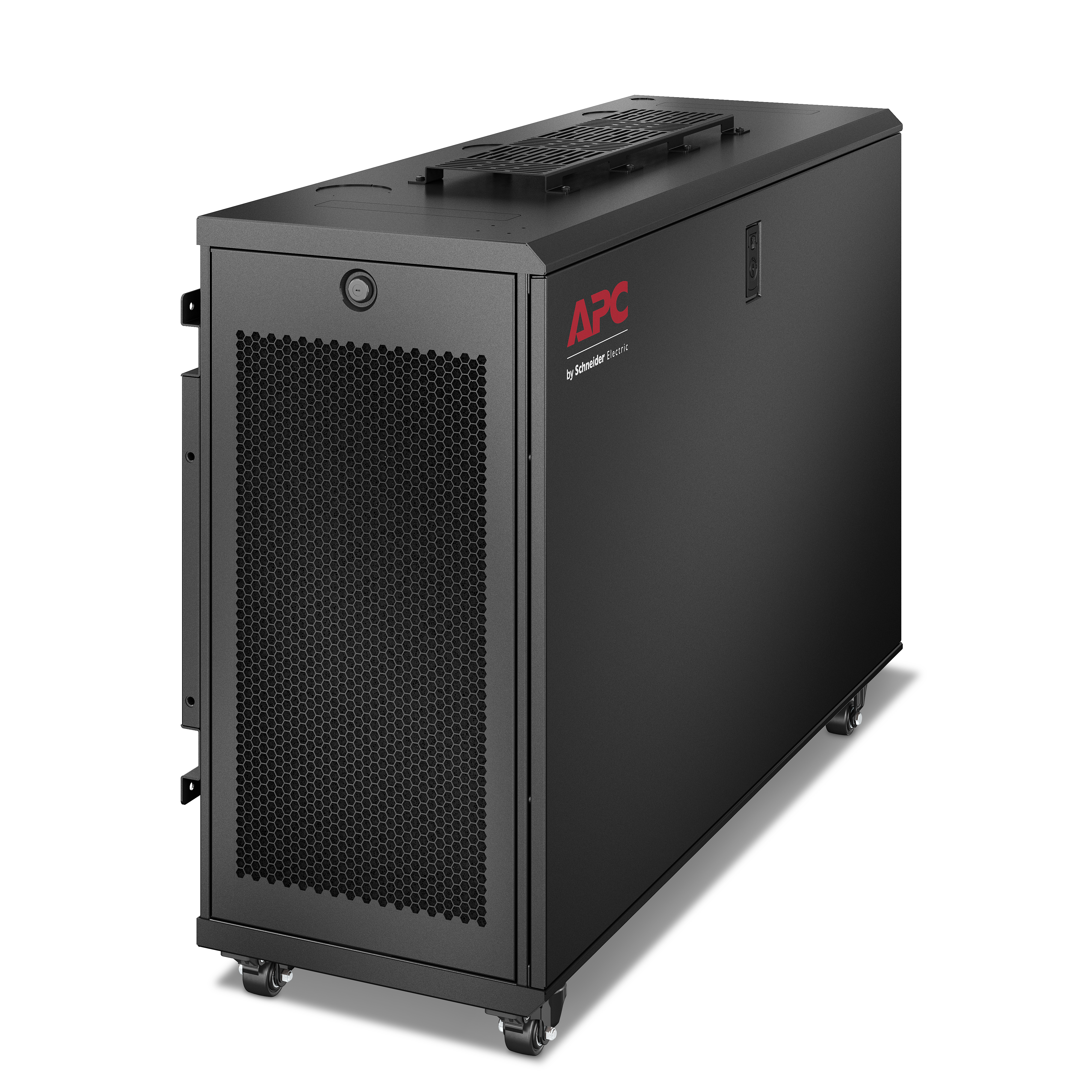 Un armadio APC UPS nero con ruote e una griglia di ventilazione in cima.
