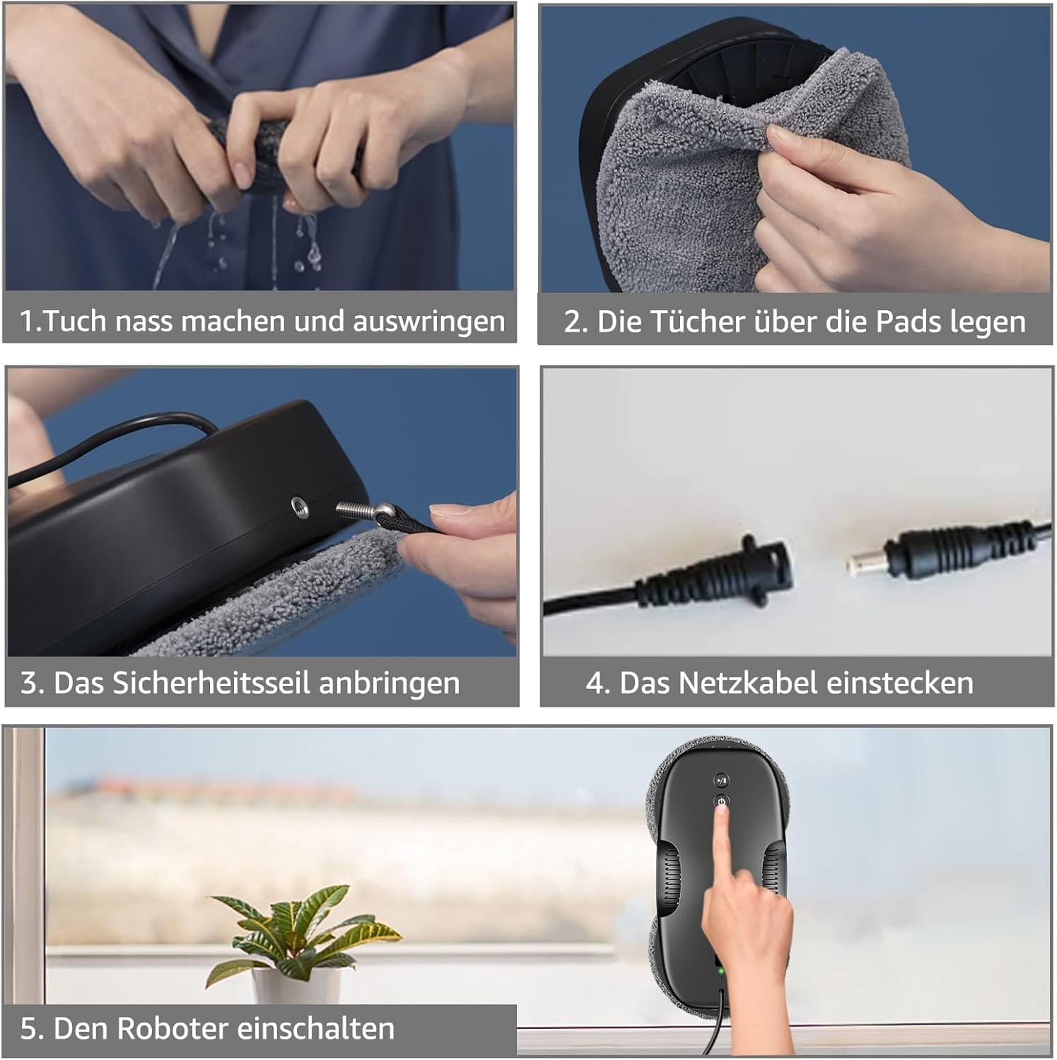Istruzioni: Inumidire panno, posizionare su pad, attaccare corda, collegare cavo, accendere robot.