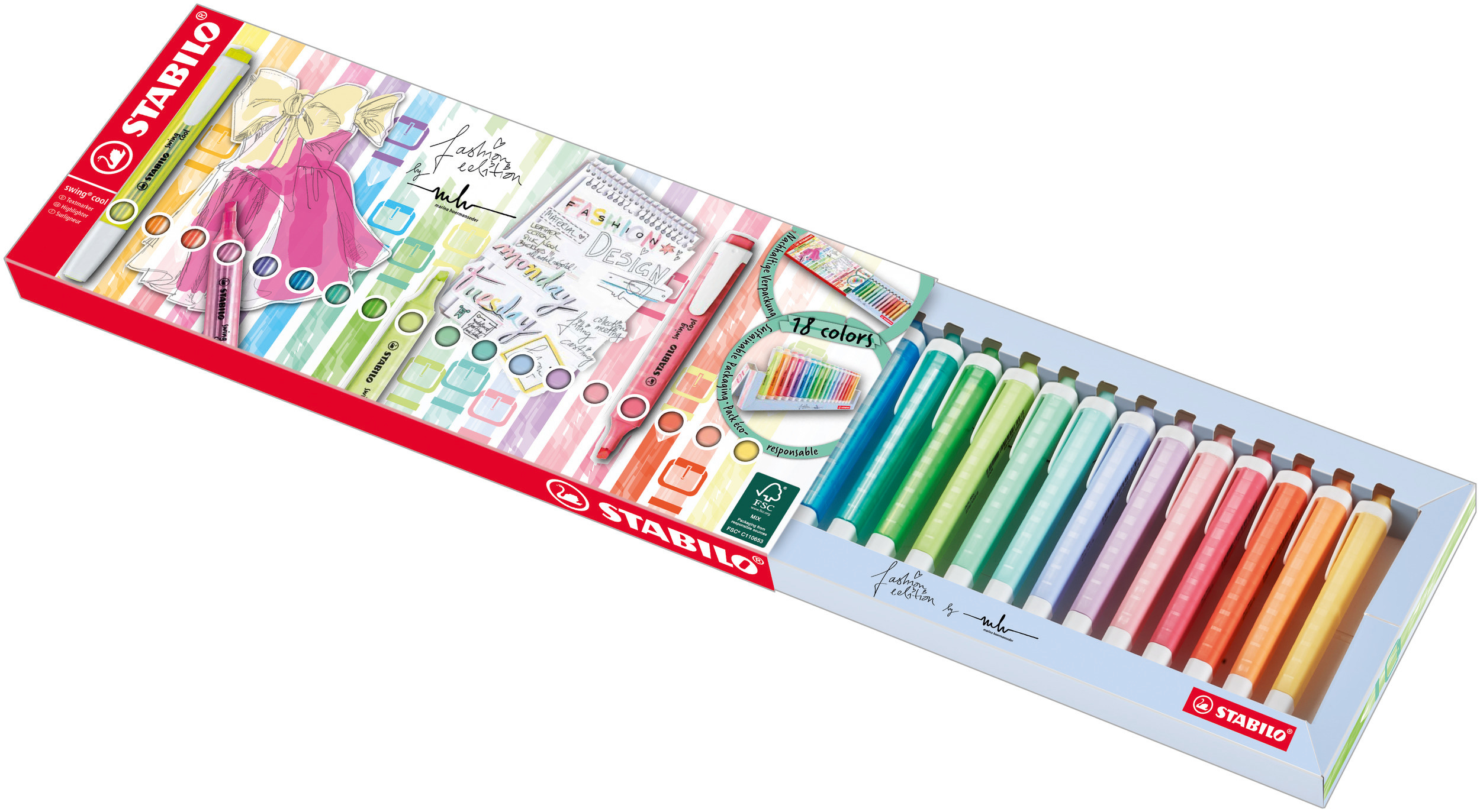 Confezione da 18 evidenziatori Stabilo Swing Cool color pastello.