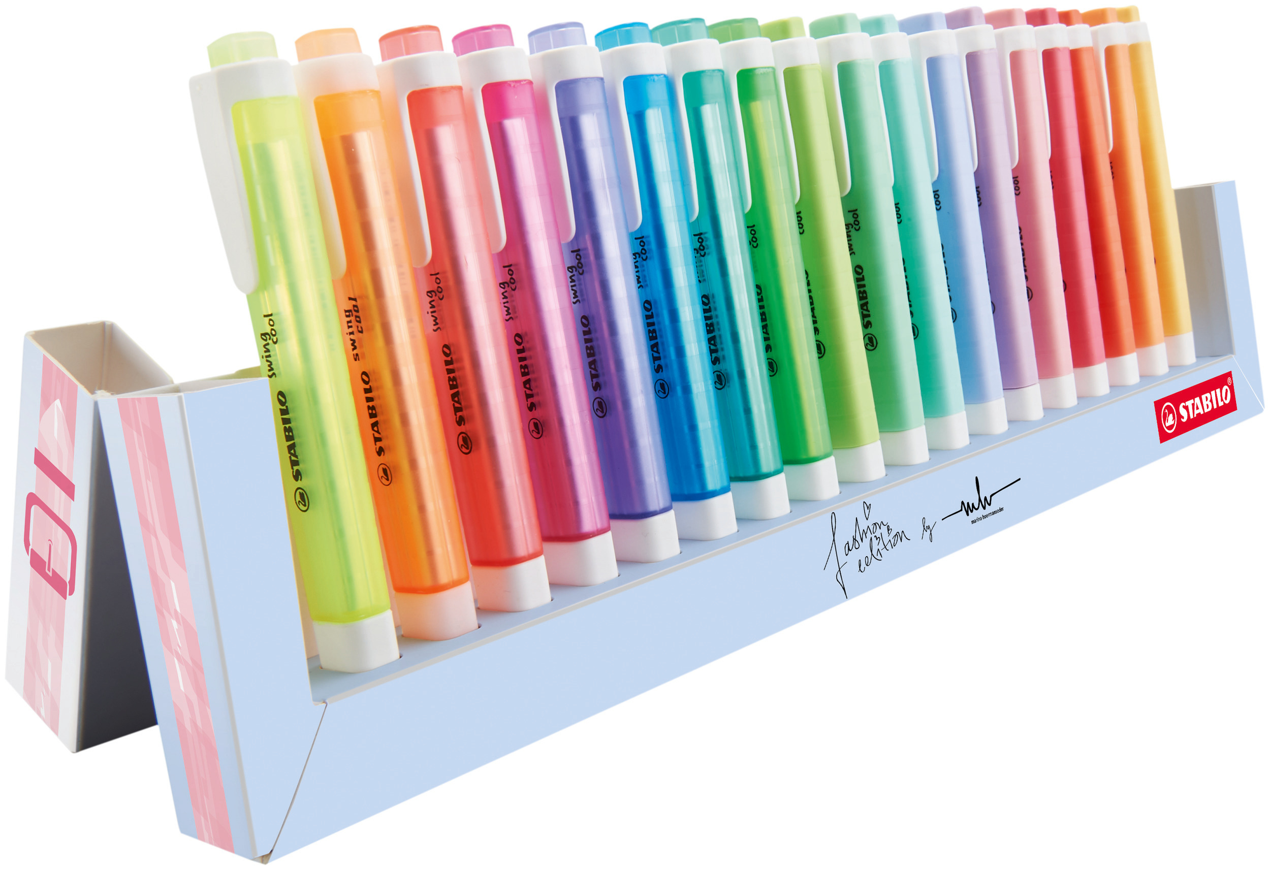 Una fila di evidenziatori Stabilo color pastello in un espositore di cartone.