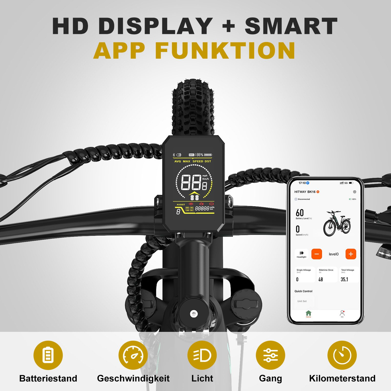 E-Bike-Display zeigt Geschwindigkeit, Akku, Reichweite. Smartphone-App verbunden.