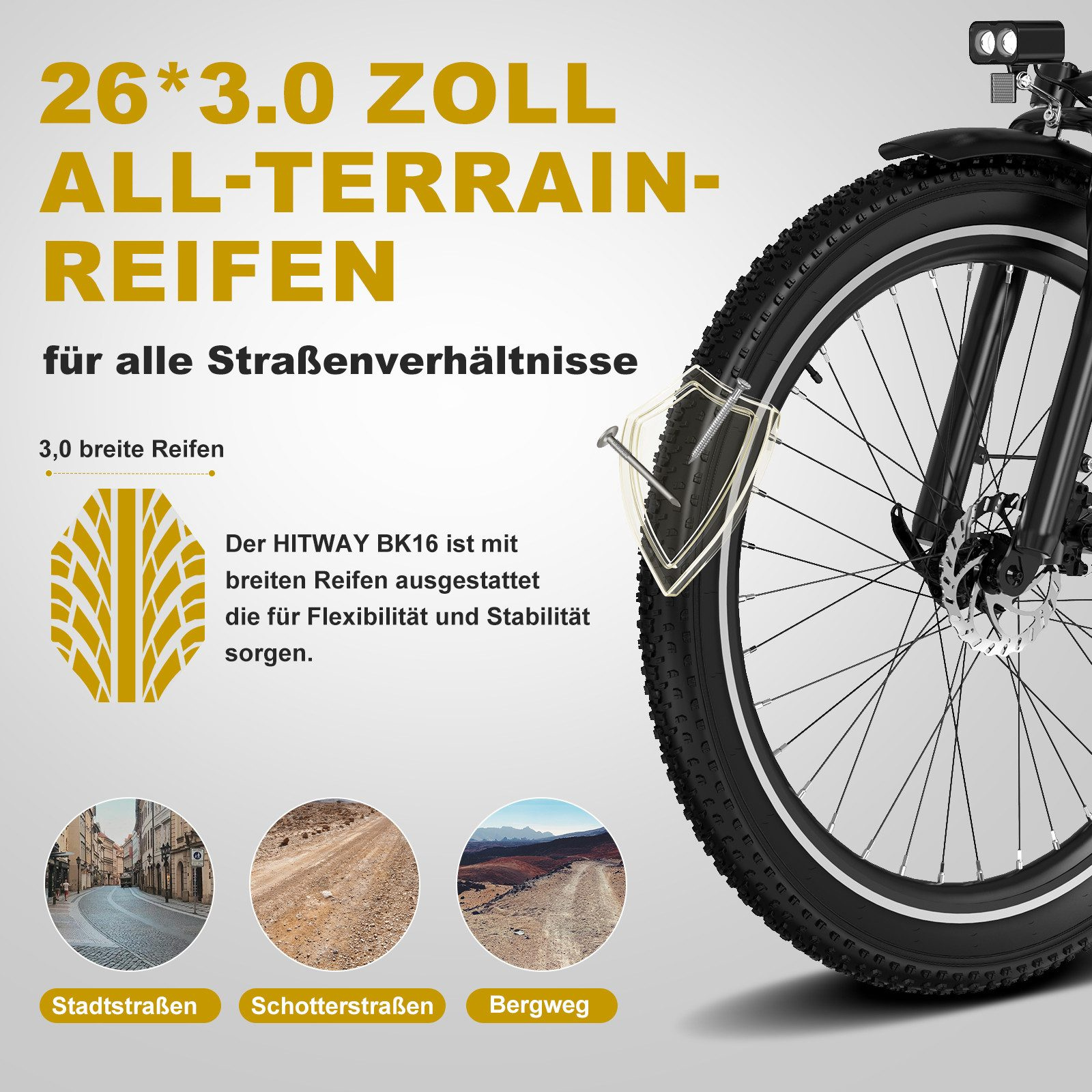26x3.0 All-Terrain-Reifen für alle Straßenverhältnisse, mit drei Bildern von Straßen.