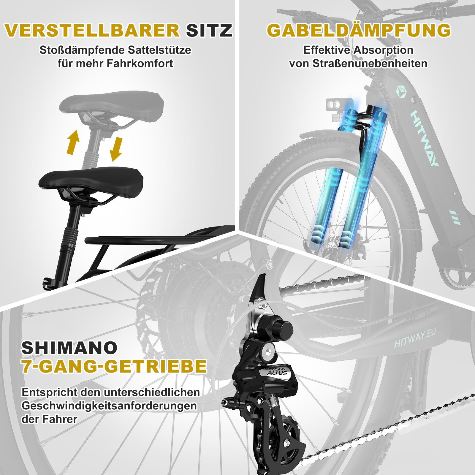 E-Bike Details: verstellbarer Sitz, Gabeldämpfung, Shimano 7-Gang-Getriebe.