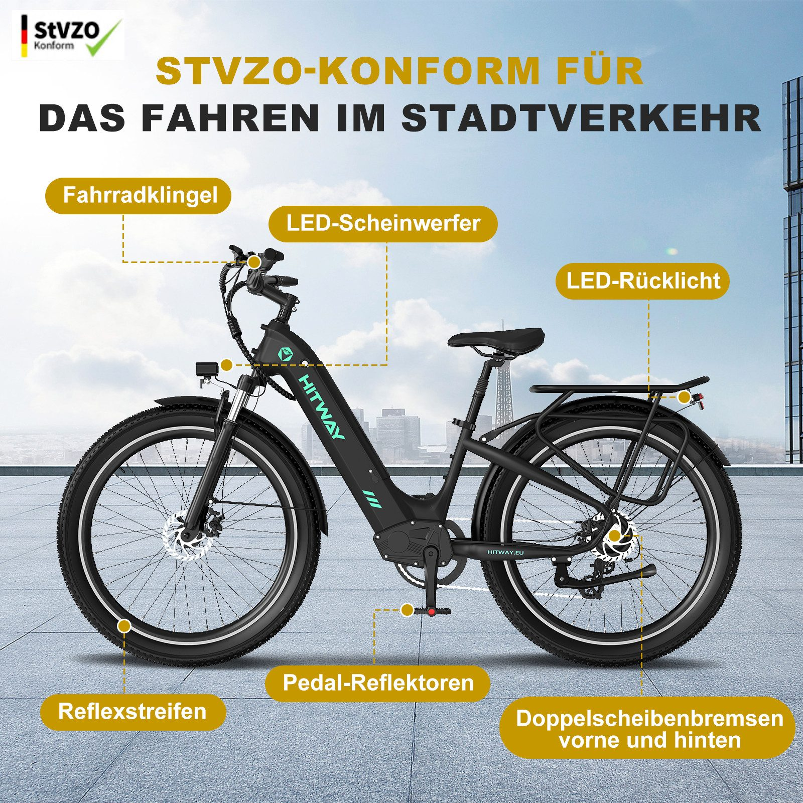 Ein schwarzes E-Bike mit Beschriftungen für Fahrradklingel, LED-Scheinwerfer, Rücklicht, Pedal-Reflektoren, Reflexstreifen und Scheibenbremsen.