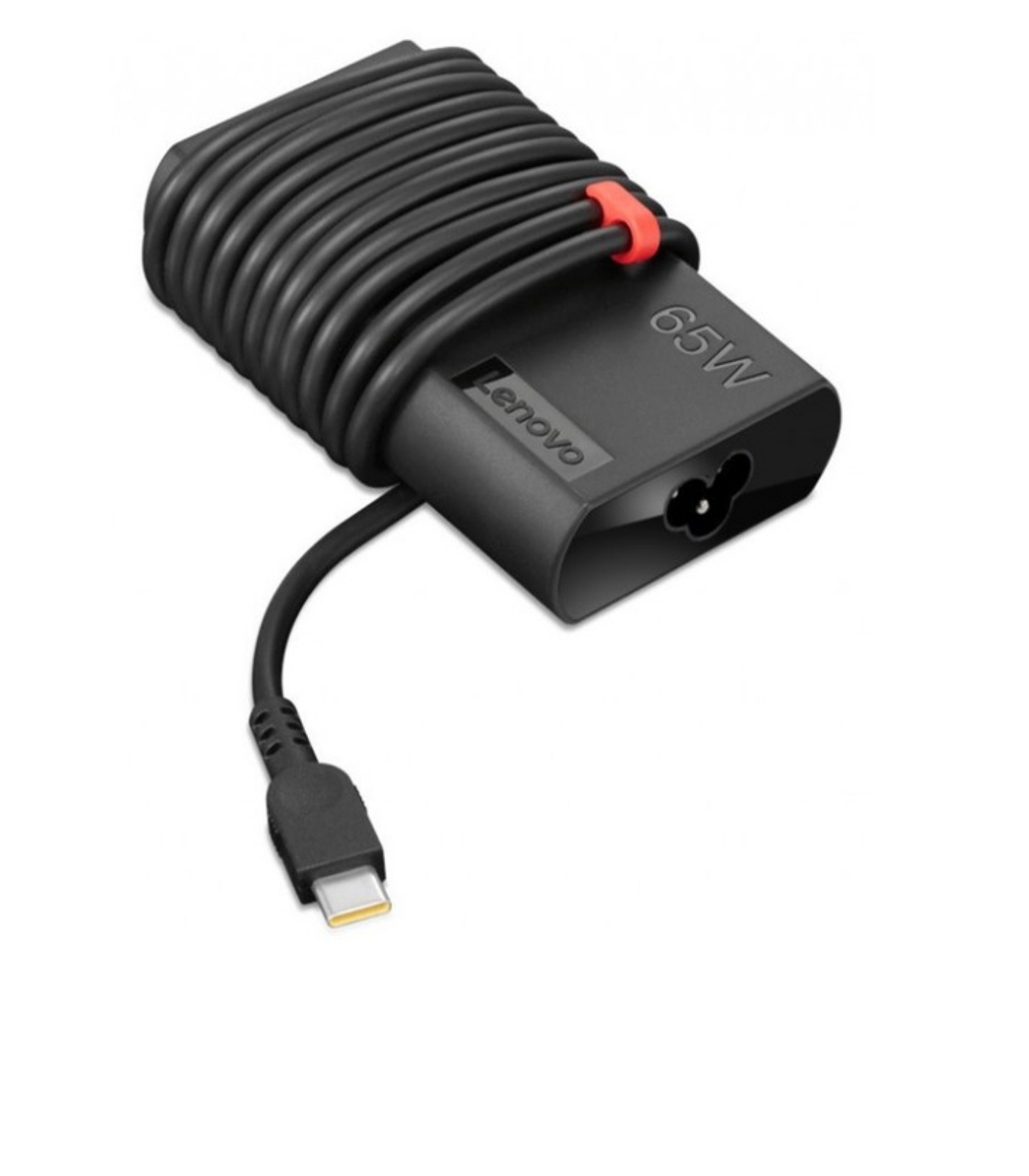 Alimentatore Lenovo nero 65W con cavo avvolto e connettore USB-C.