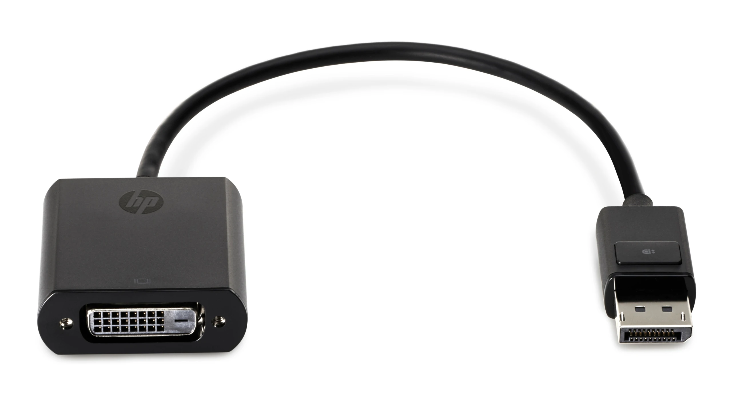 Adattatore HP nero con connettori DVI e DisplayPort e cavo curvo.
