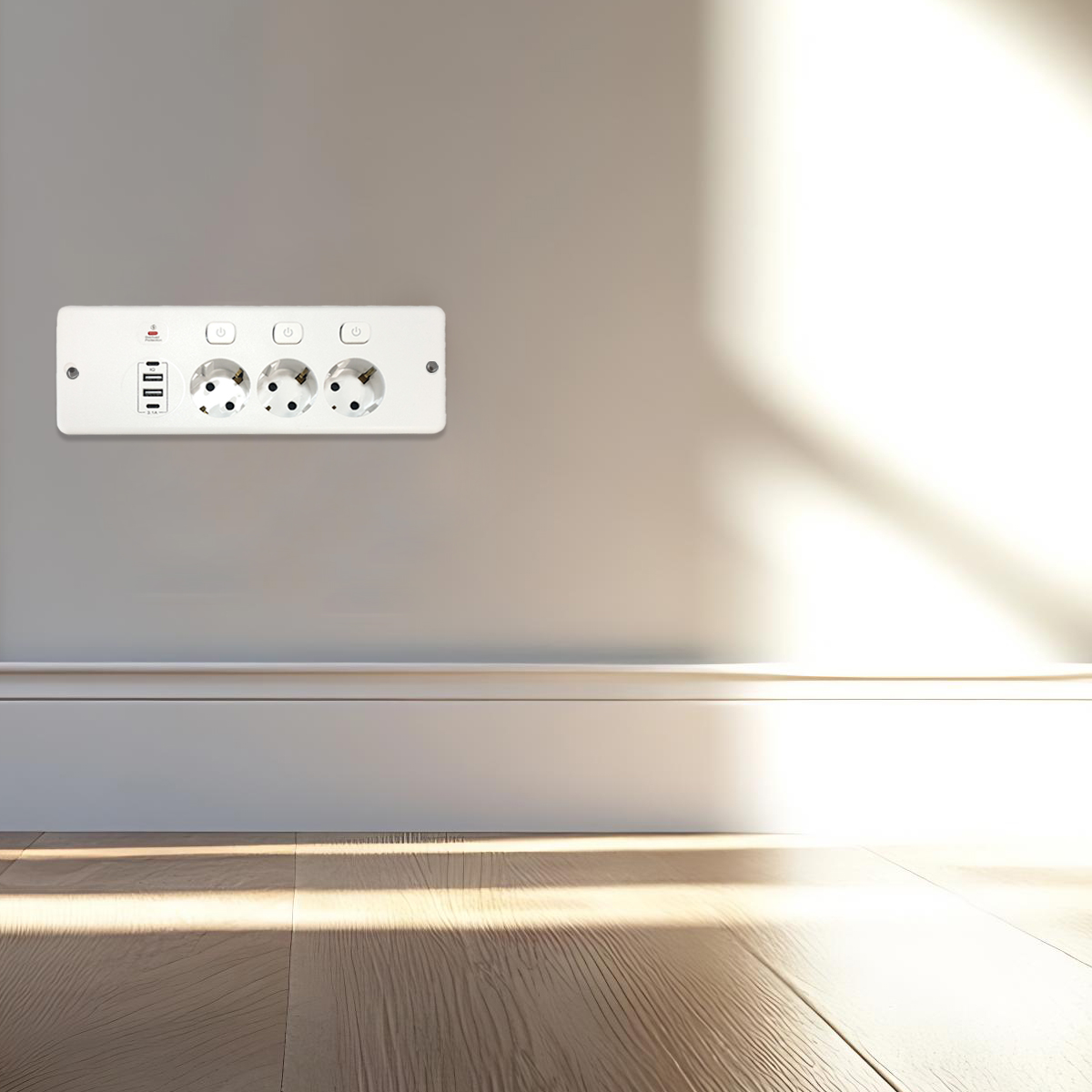 Biała listwa zasilająca z 3 gniazdami i 2 portami USB na ścianie.
