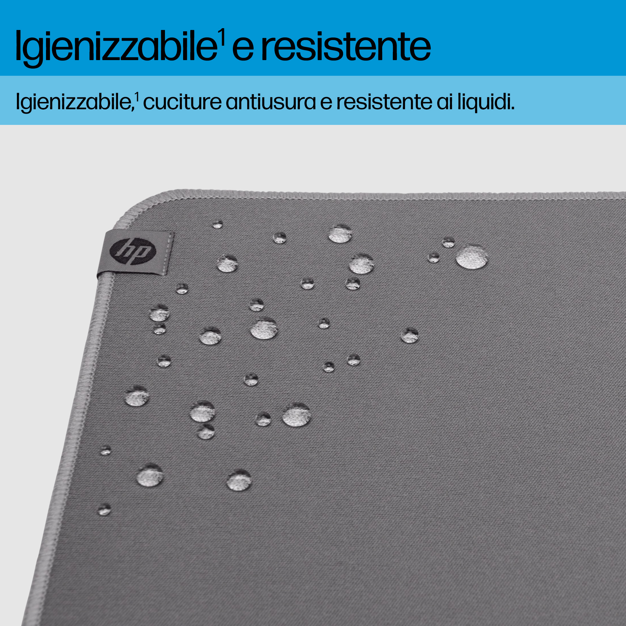 Superficie in tessuto grigio con gocce d'acqua e logo HP.