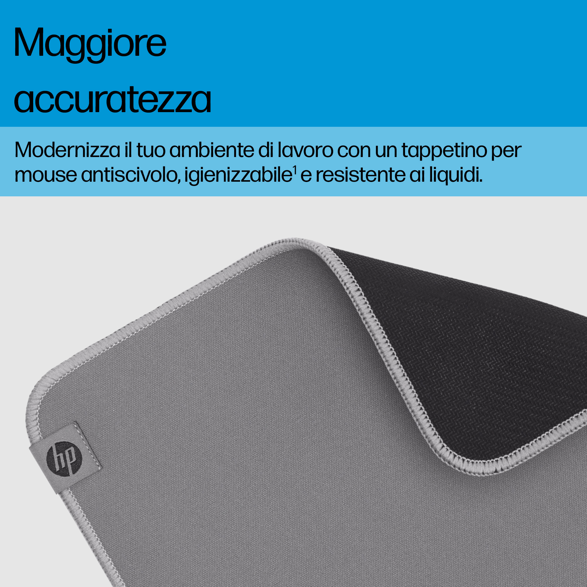 Tappetino mouse HP grigio con retro nero e logo HP.
