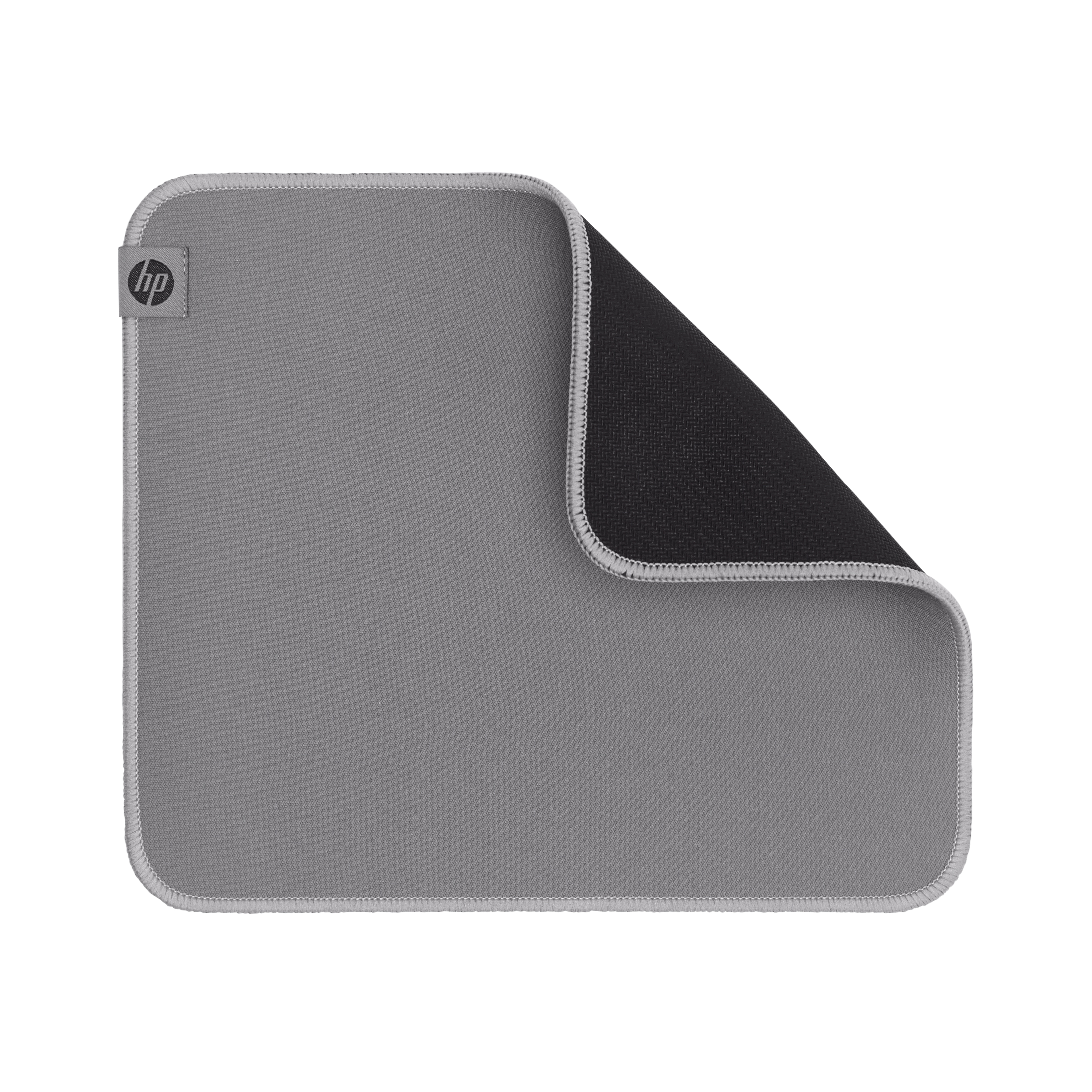Tappetino mouse HP grigio con base in gomma nera e cuciture.