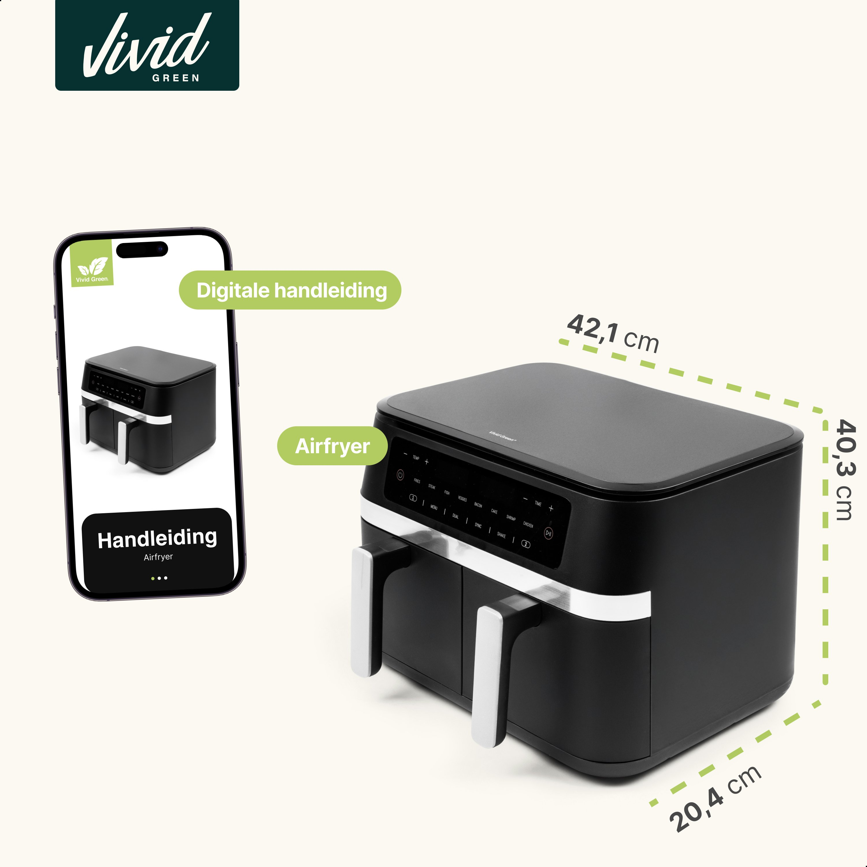 Zwarte airfryer met digitale afmetingen en handleiding op telefoonscherm.
