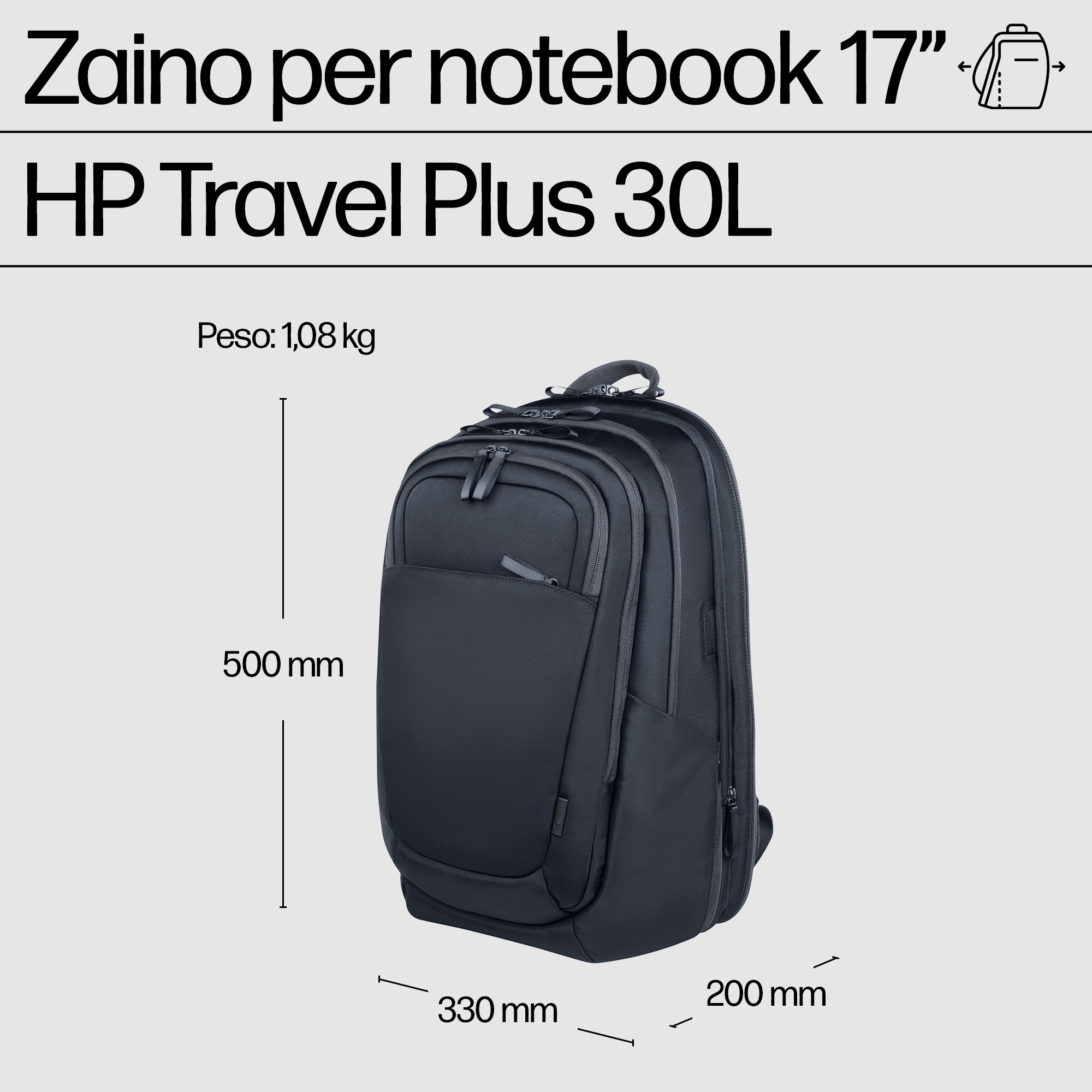 Zaino nero, 33x20x50 cm, 1,08 kg, per notebook da 17".