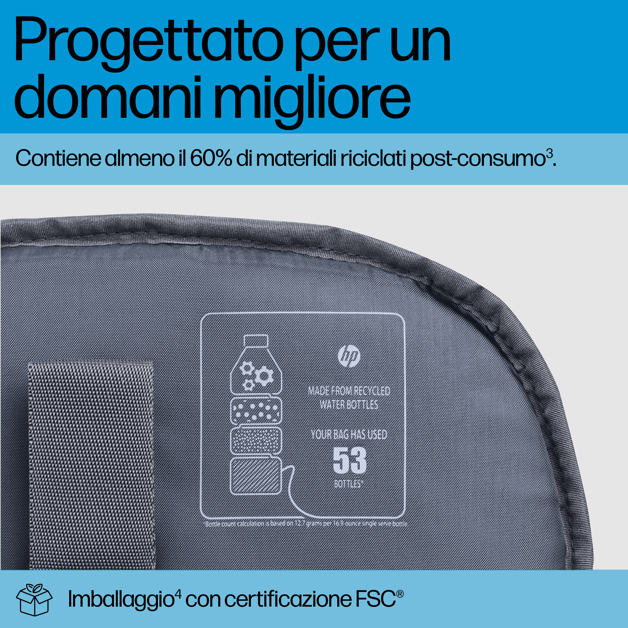 Borsa grigia con logo HP, 53 bottiglie riciclate.